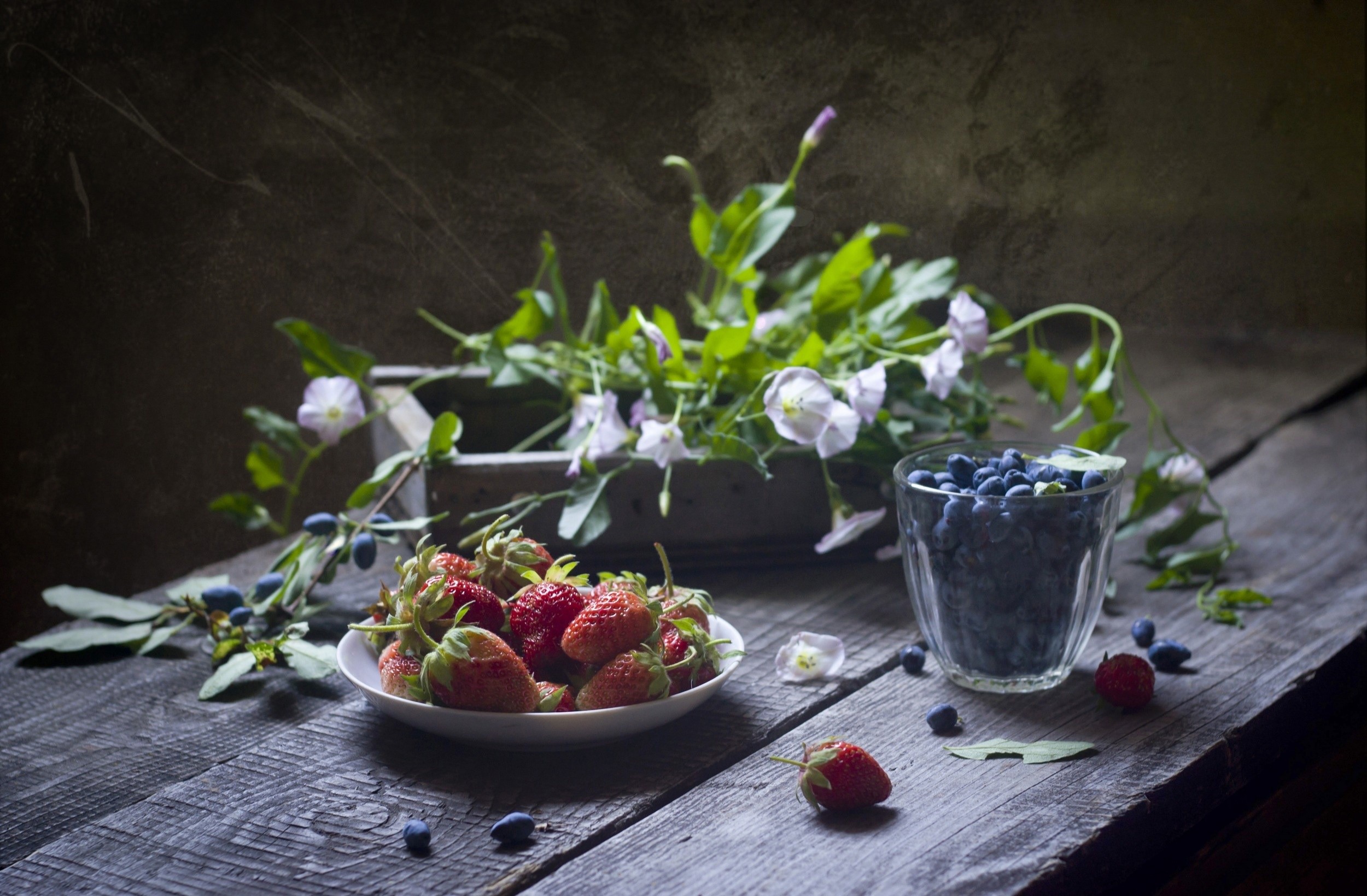Still life of strawberries and blueberries with flowers HD Wallpaper
