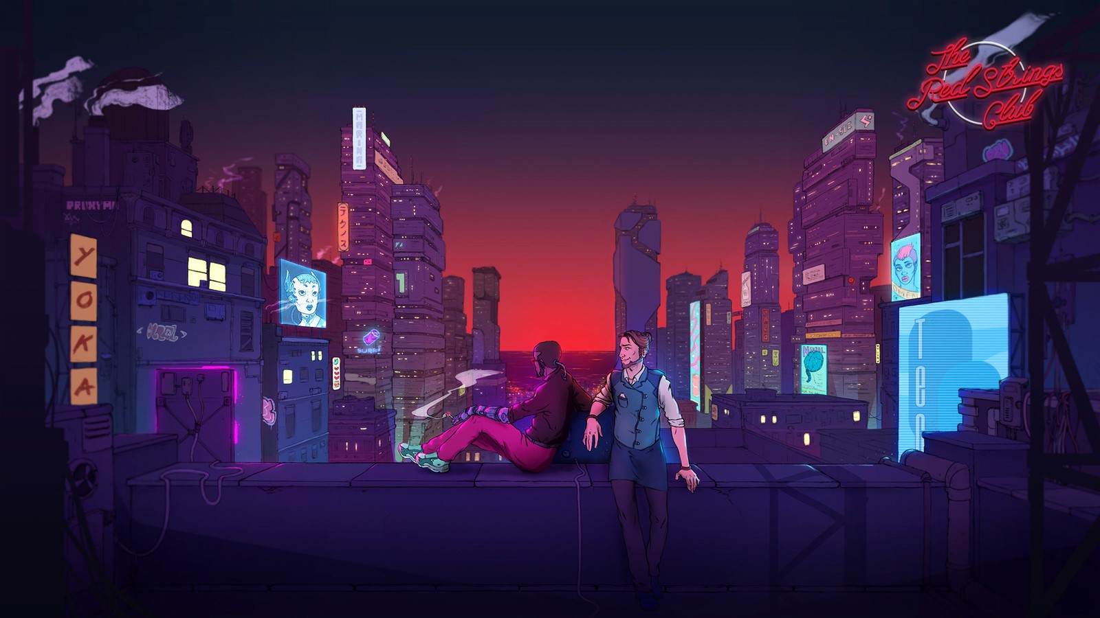 The Red Strings Club characters on a cyberpunk cityscape rooftop HD Wallpaper