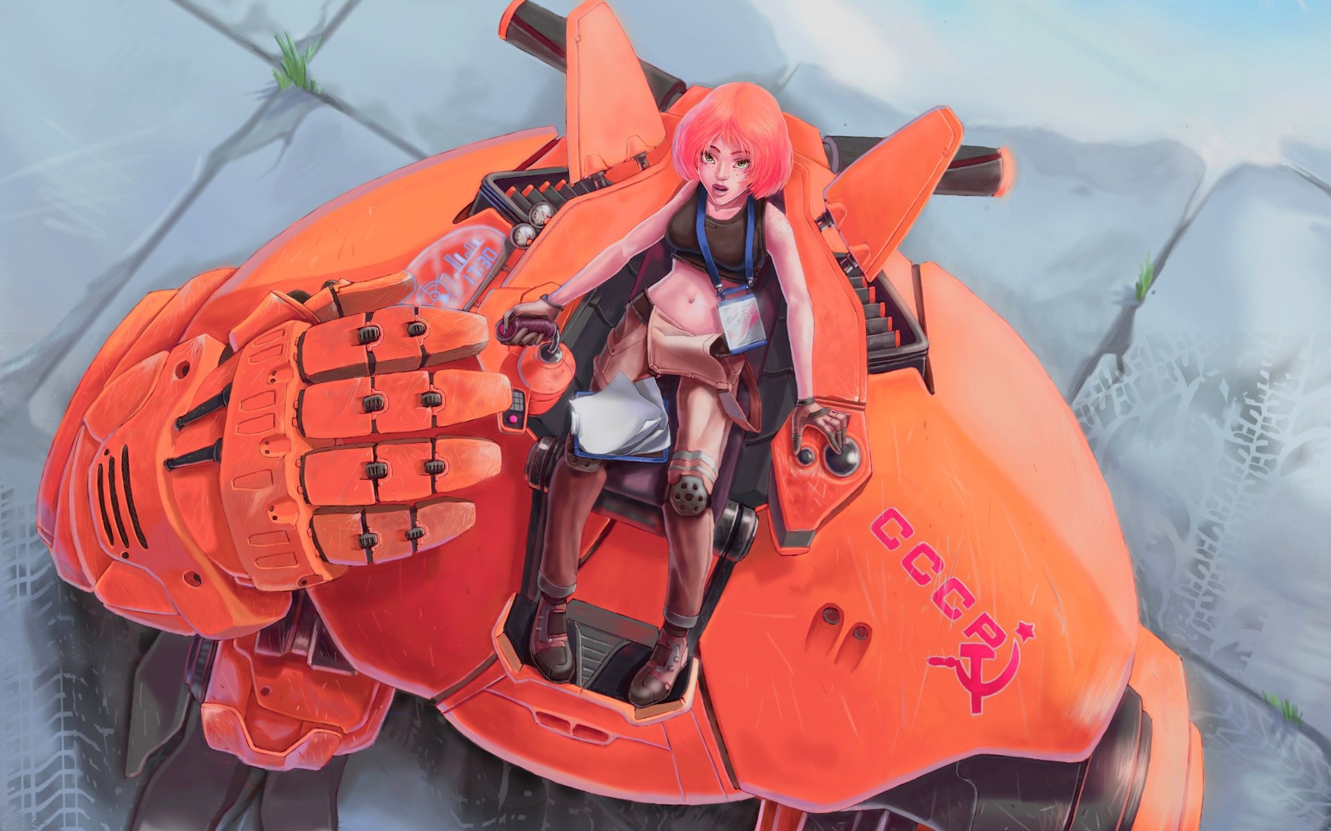Anime girl in orange mech with CCCP symbol HD Wallpaper
