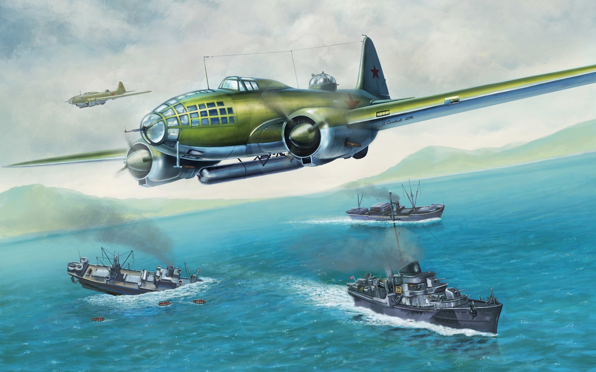 Military aircraft attacking ships at sea HD Wallpaper