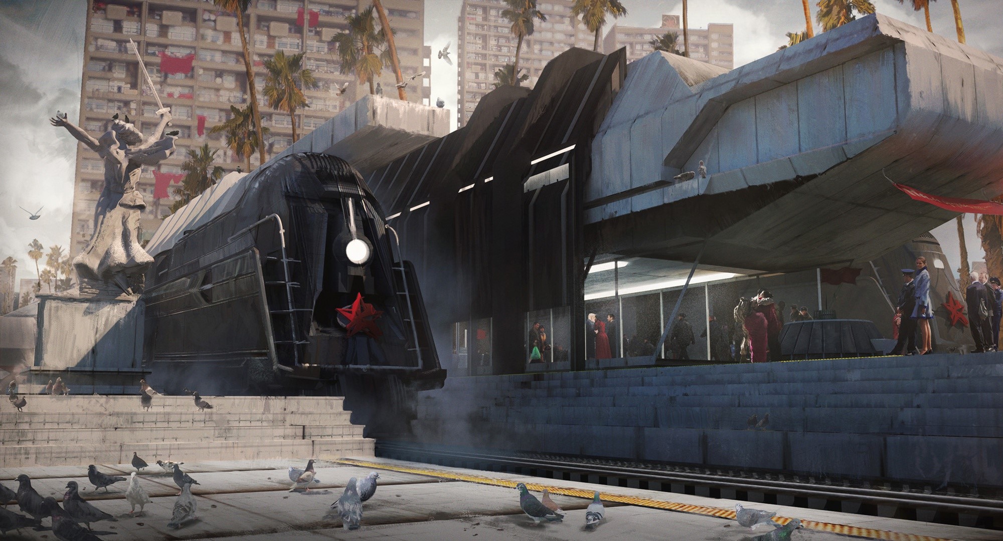 Futuristic train station with statue and people HD Wallpaper