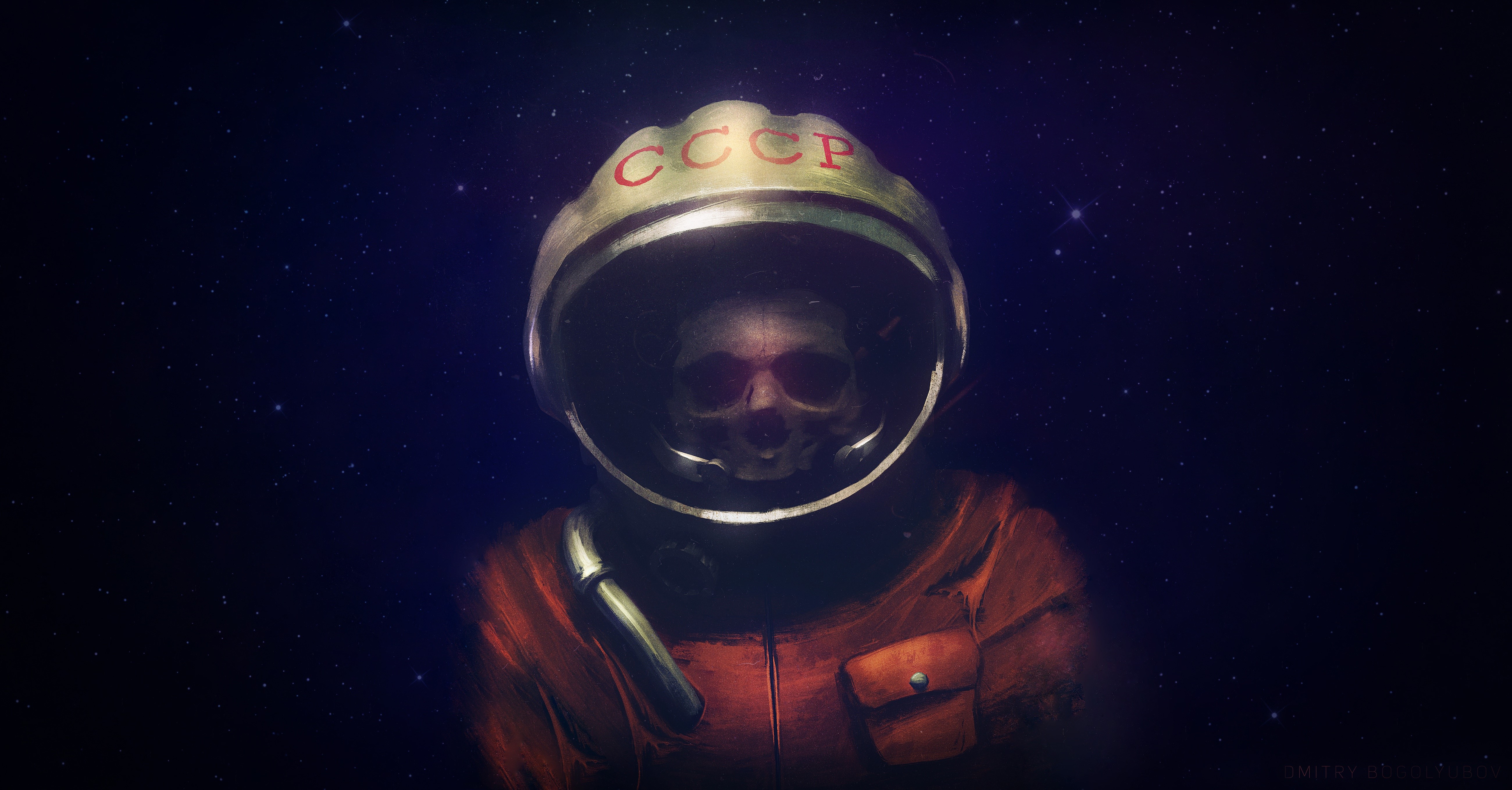 Astronaut skull in USSR helmet in space HD Wallpaper