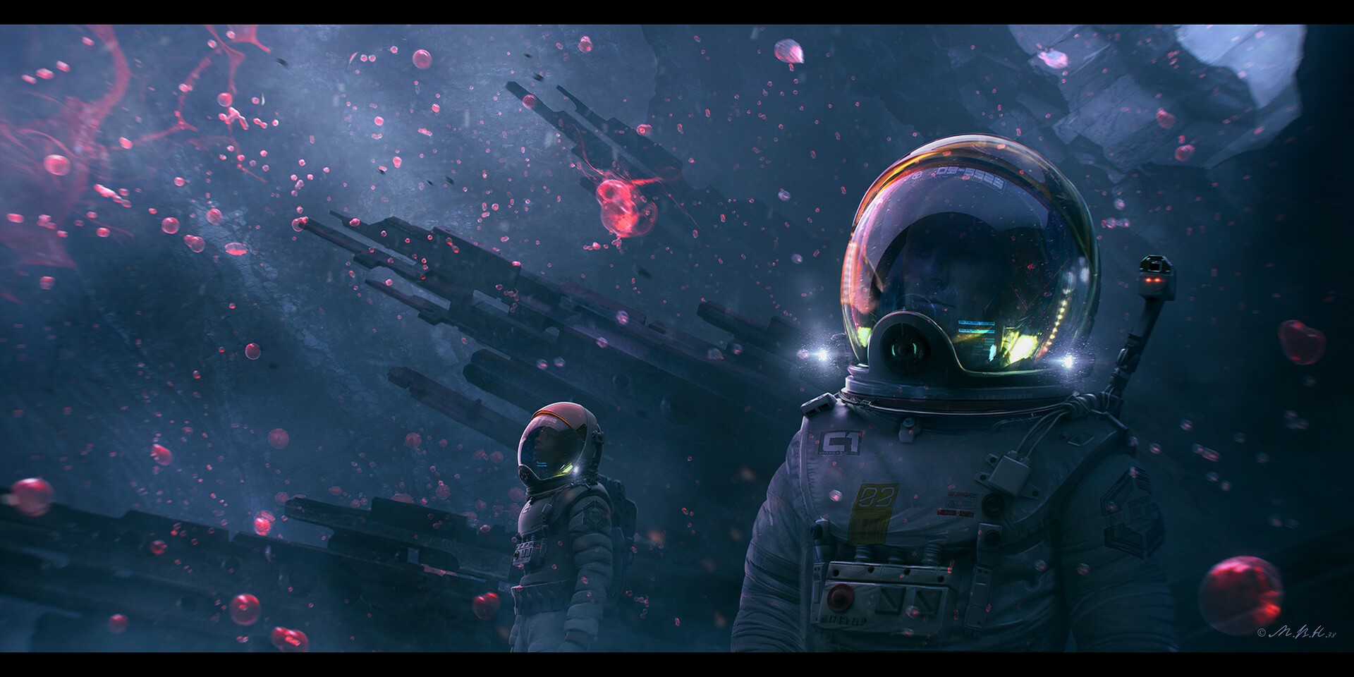Astronauts in a nebula with alien structures HD Wallpaper
