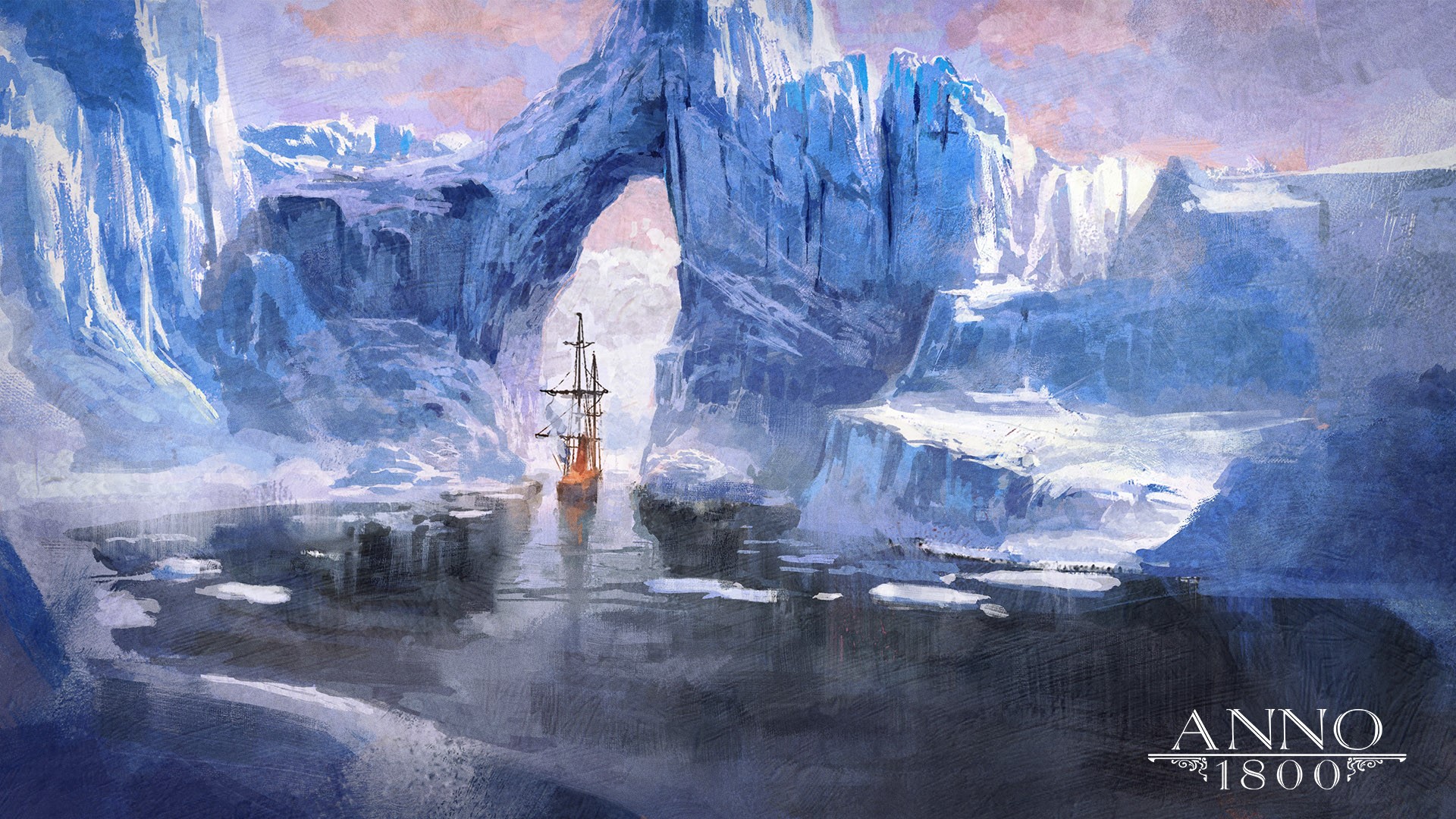 Sailing ship navigates icy archway in Anno 1800 artwork HD Wallpaper