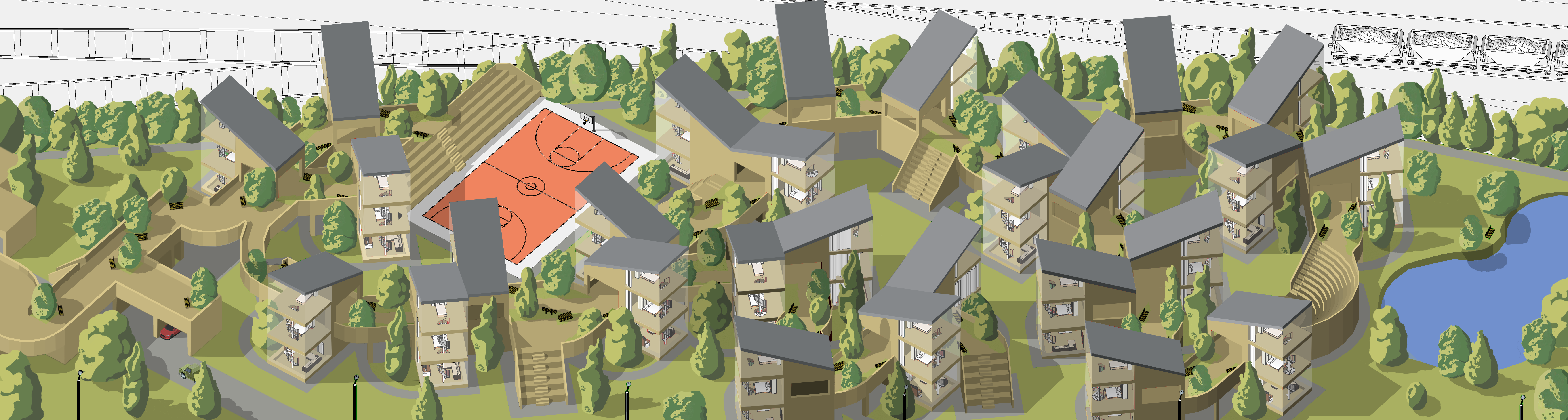 Architectural rendering of a housing complex with a basketball court and lake HD Wallpaper