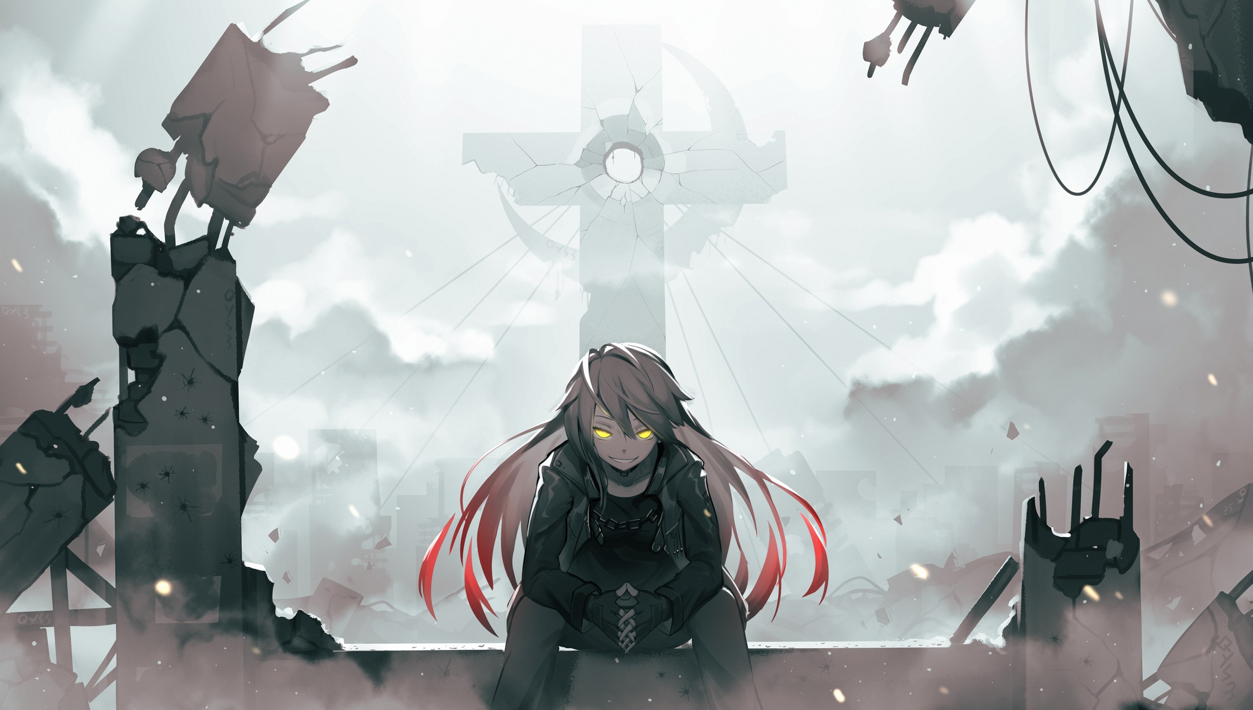 Anime girl with glowing eyes in ruined city HD Wallpaper