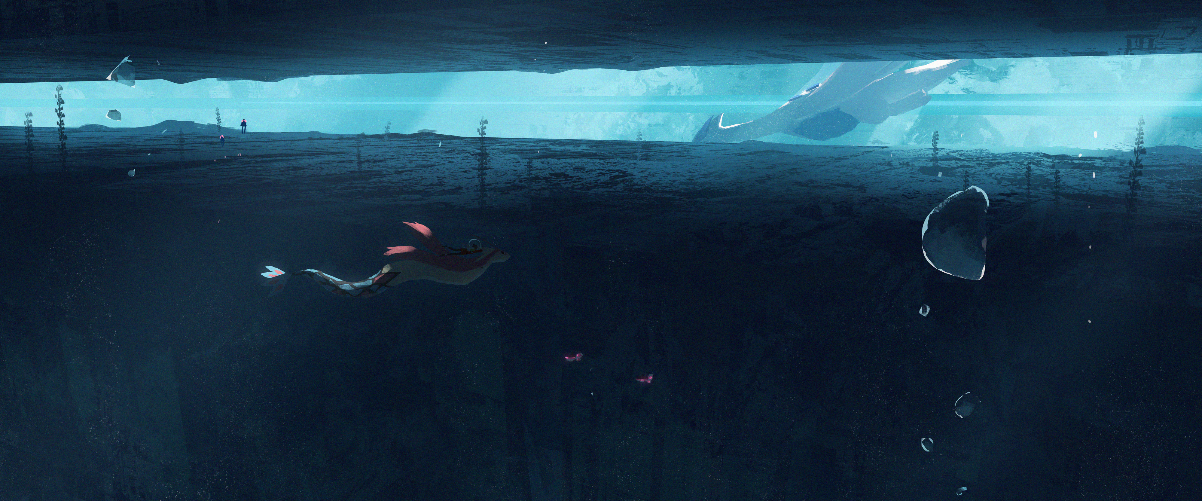 4K digital art of a creature swimming underwater HD Wallpaper