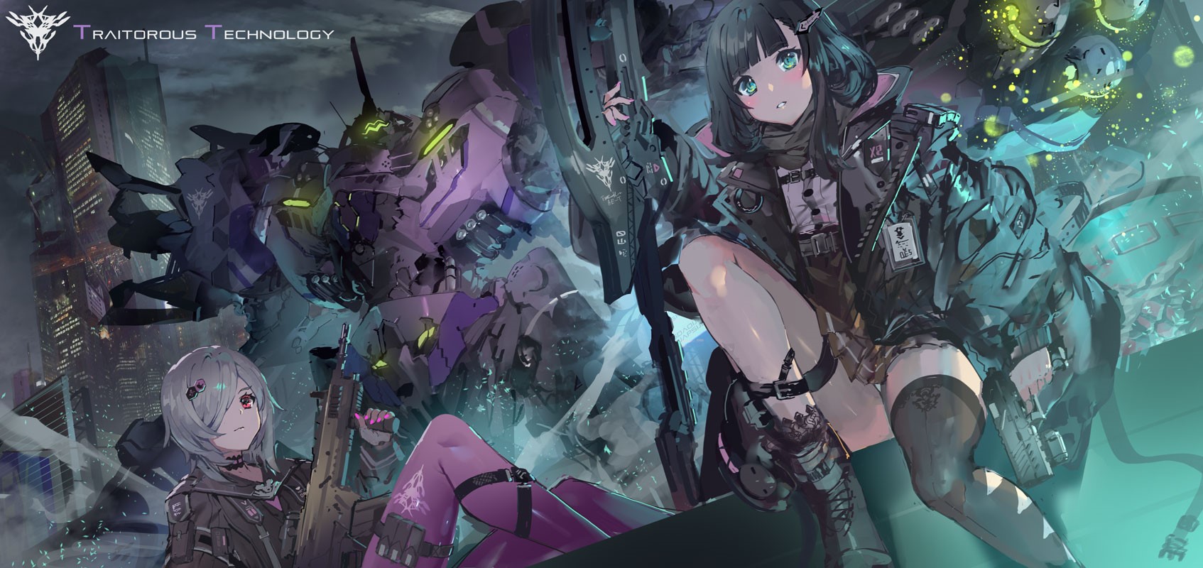 Two anime girls with mechs and cityscape HD Wallpaper