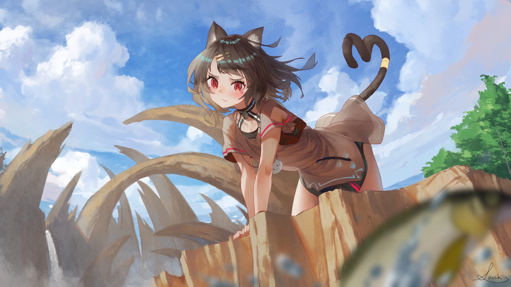 Anime girl with cat ears on a rocky landscape HD Wallpaper