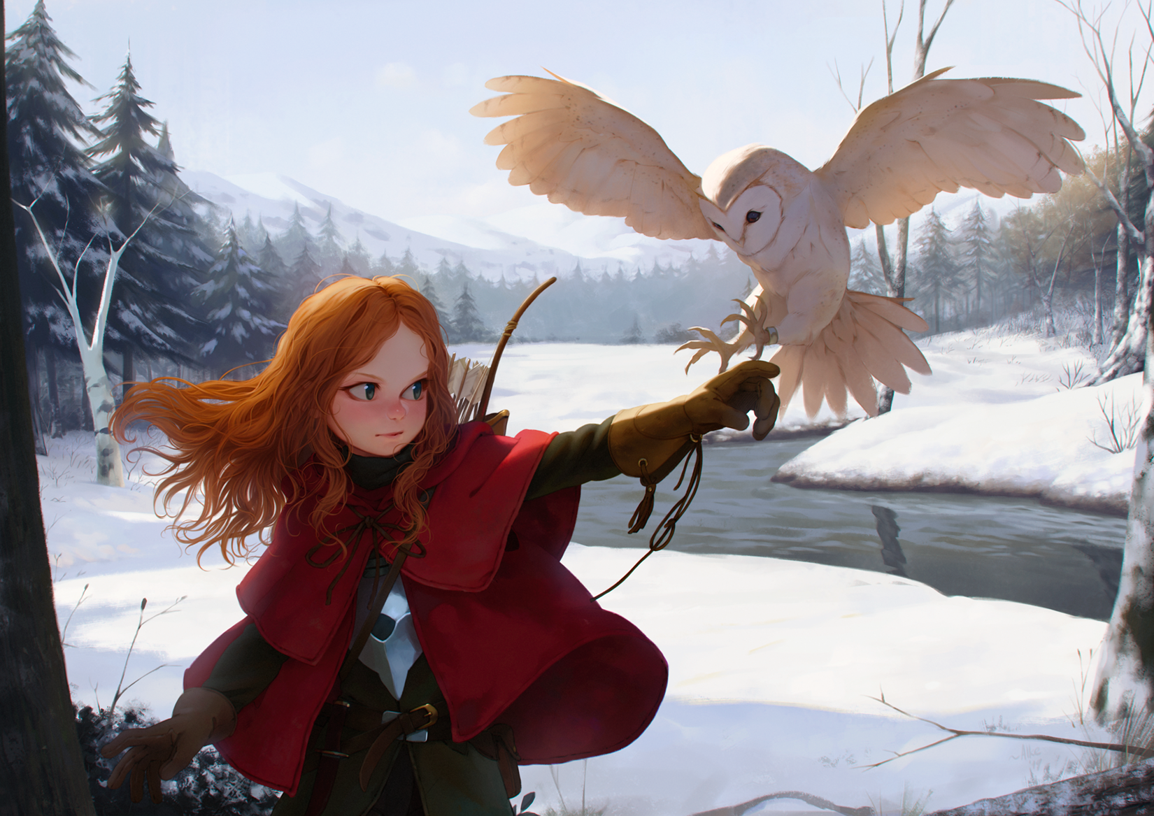 Redhead girl with owl in a snowy forest HD Wallpaper