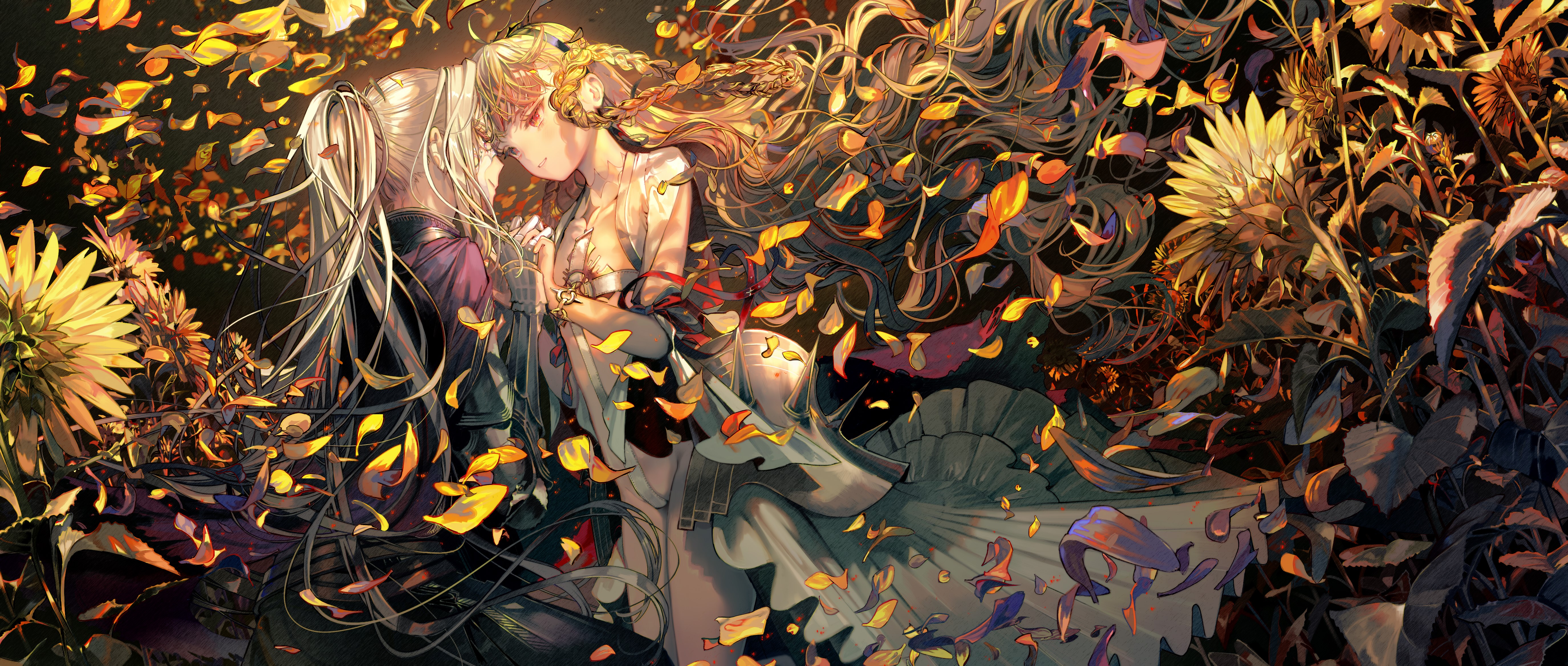 Anime artwork of two figures surrounded by autumn leaves HD Wallpaper
