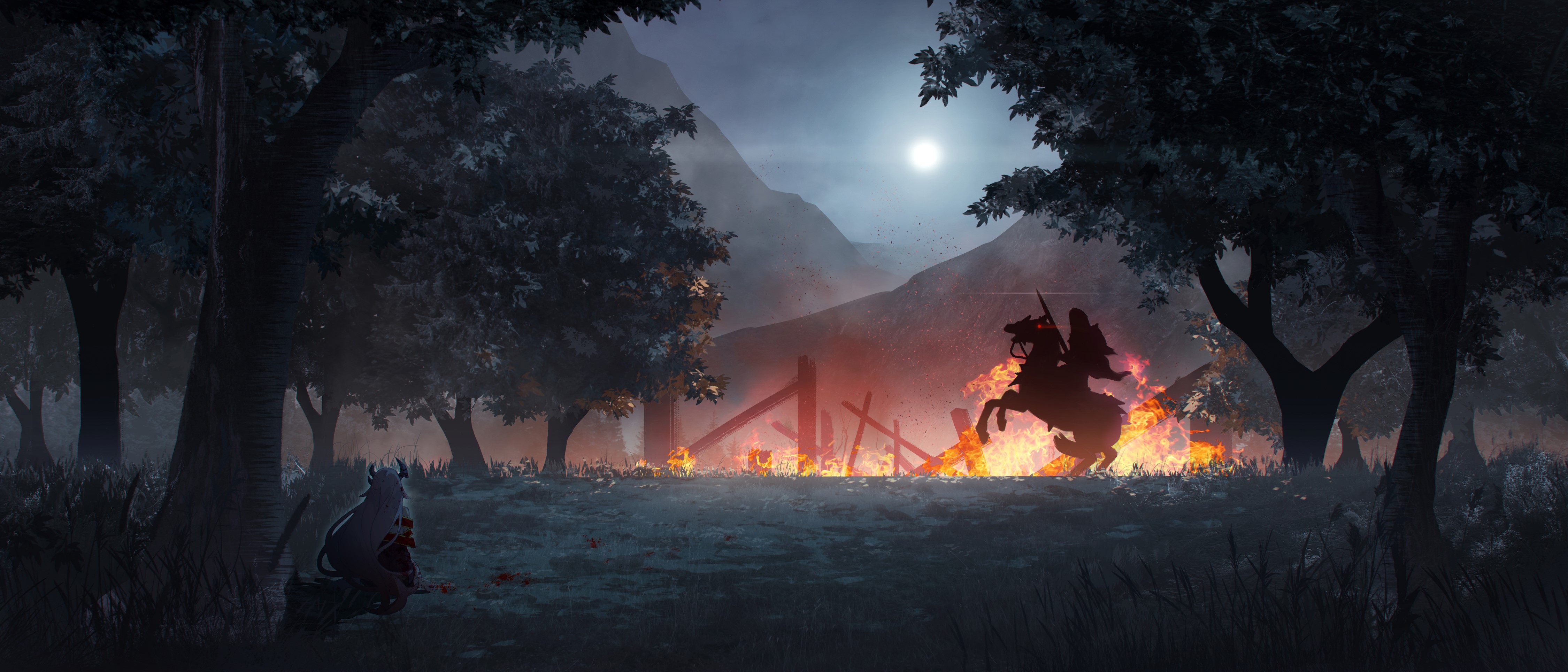 Anime artwork of a knight on horseback near a fire HD Wallpaper