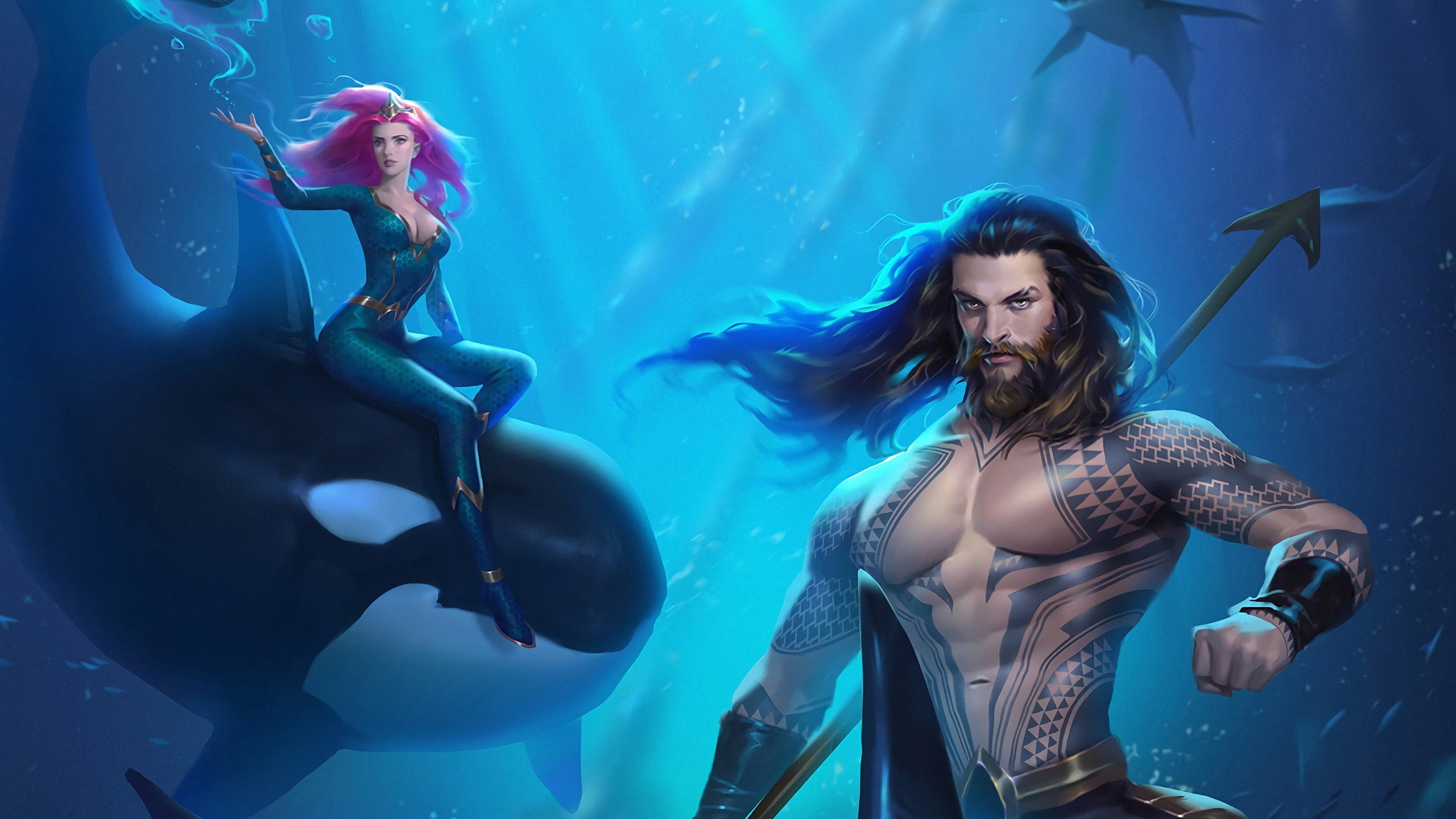 Aquaman and Mera riding an orca HD Wallpaper