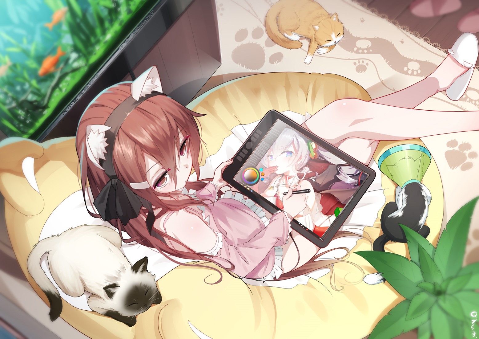 Anime girl with cat ears drawing on tablet HD Wallpaper