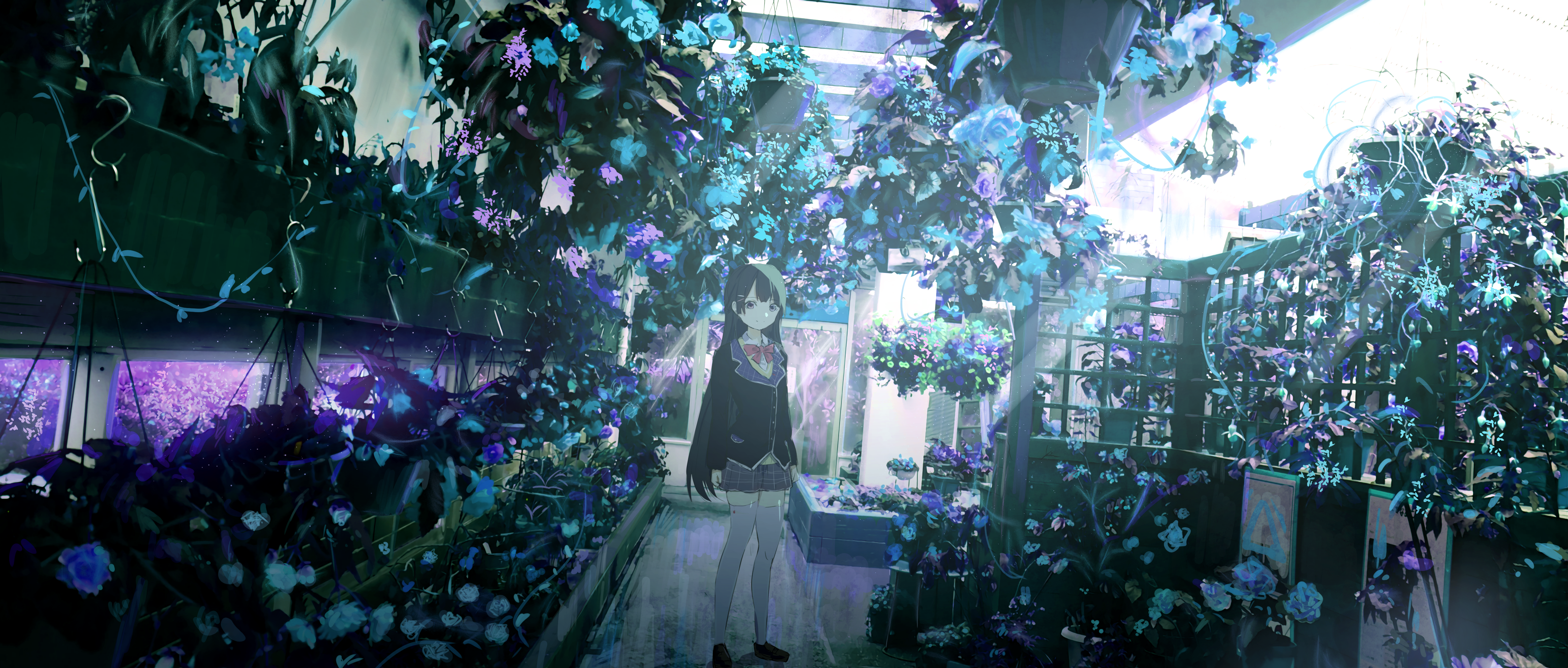 Anime girl in a greenhouse with blue and purple flowers HD Wallpaper