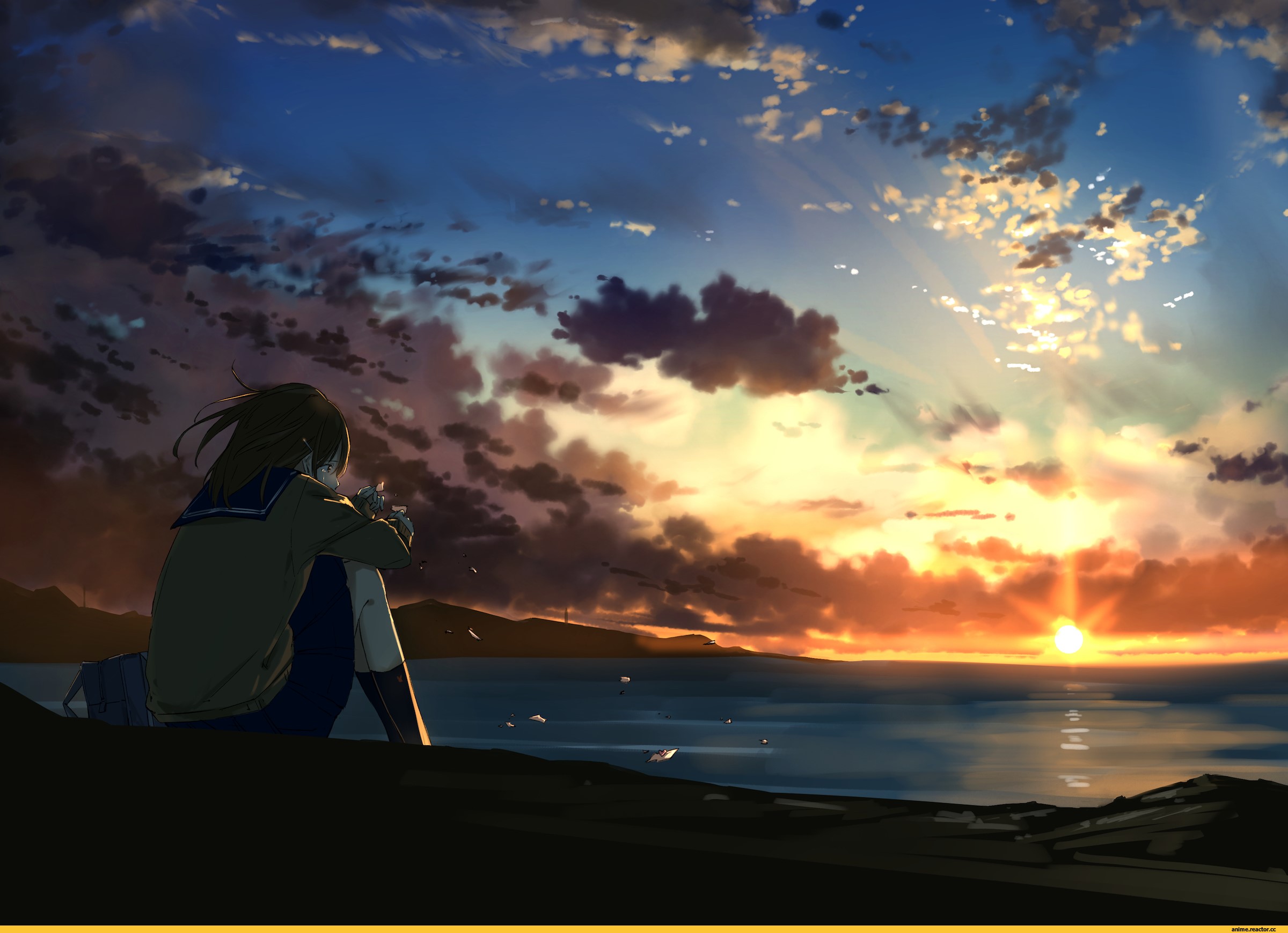 Girl watching the sunrise over the ocean HD Wallpaper