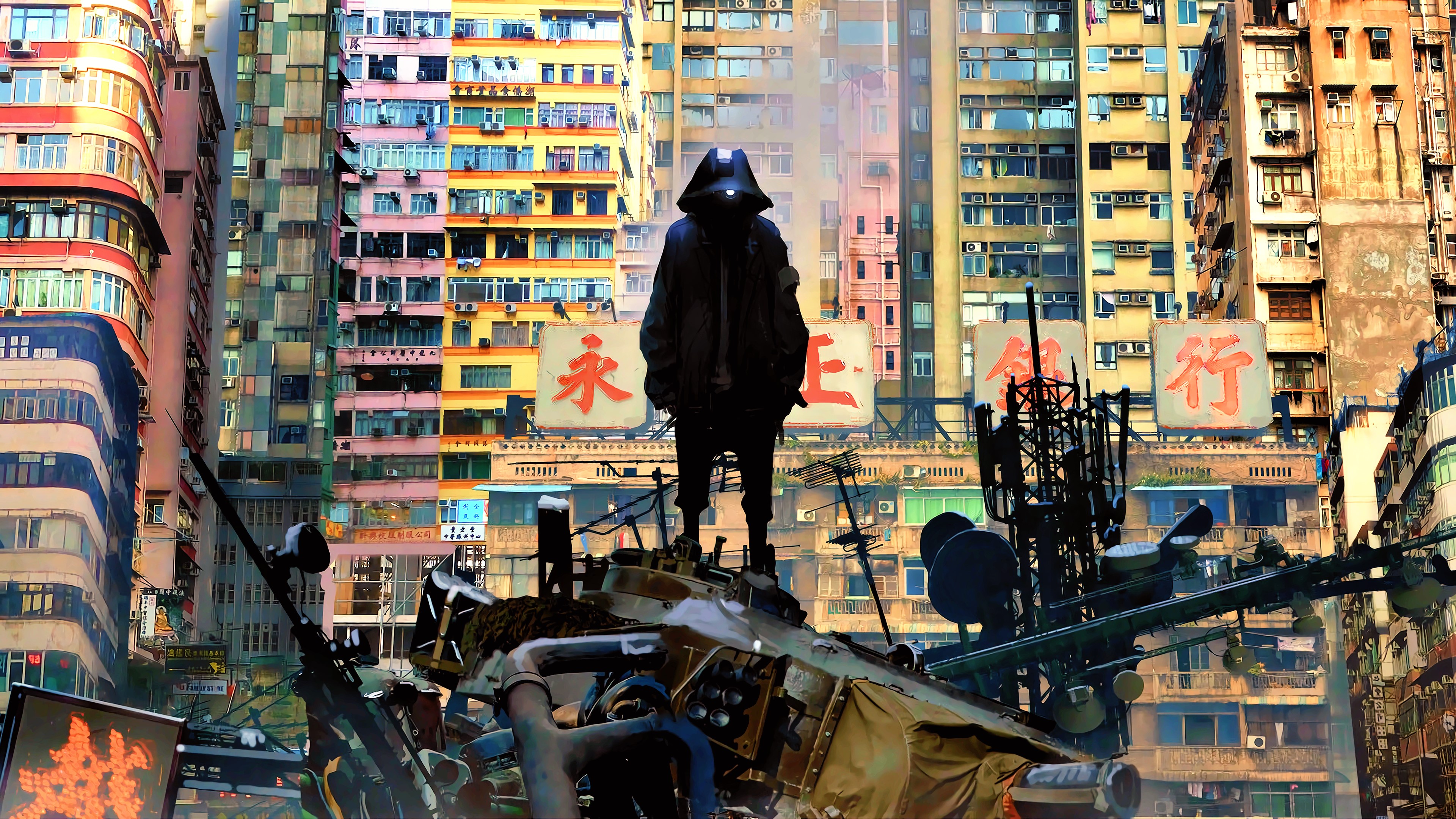 Cyberpunk cityscape with a hooded figure on wreckage HD Wallpaper