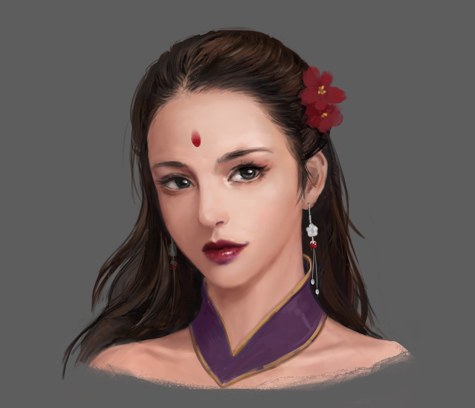 Fantasy girl with red flower and bindi HD Wallpaper