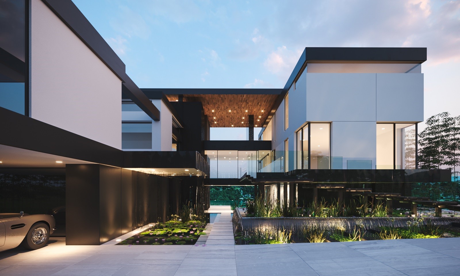 Modern house with lights and car HD Wallpaper