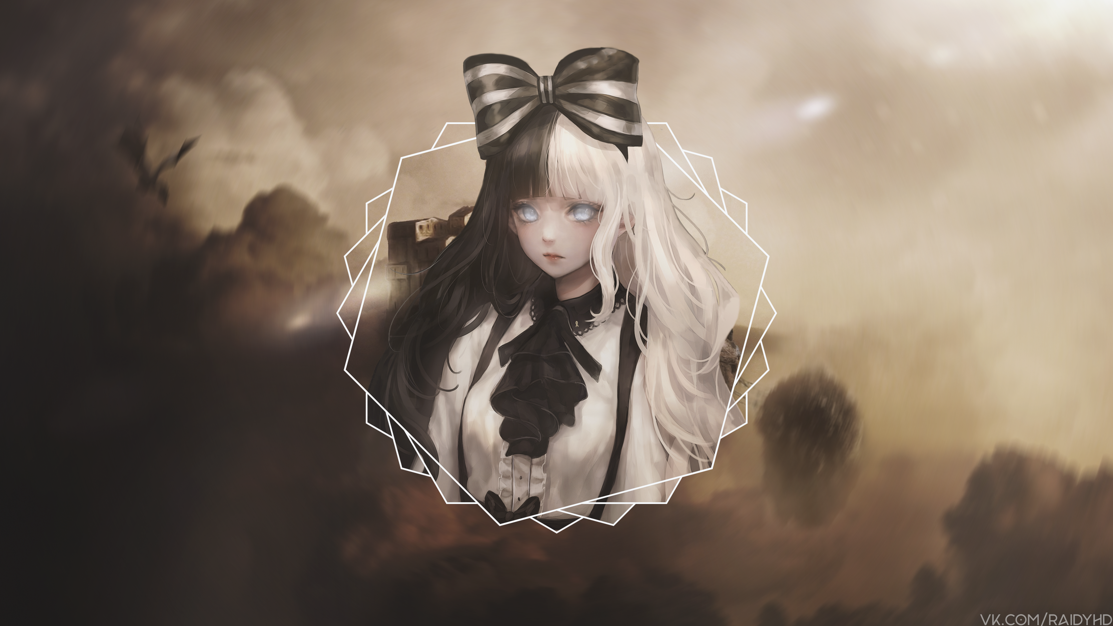 Anime girl with black and white hair and a bow HD Wallpaper