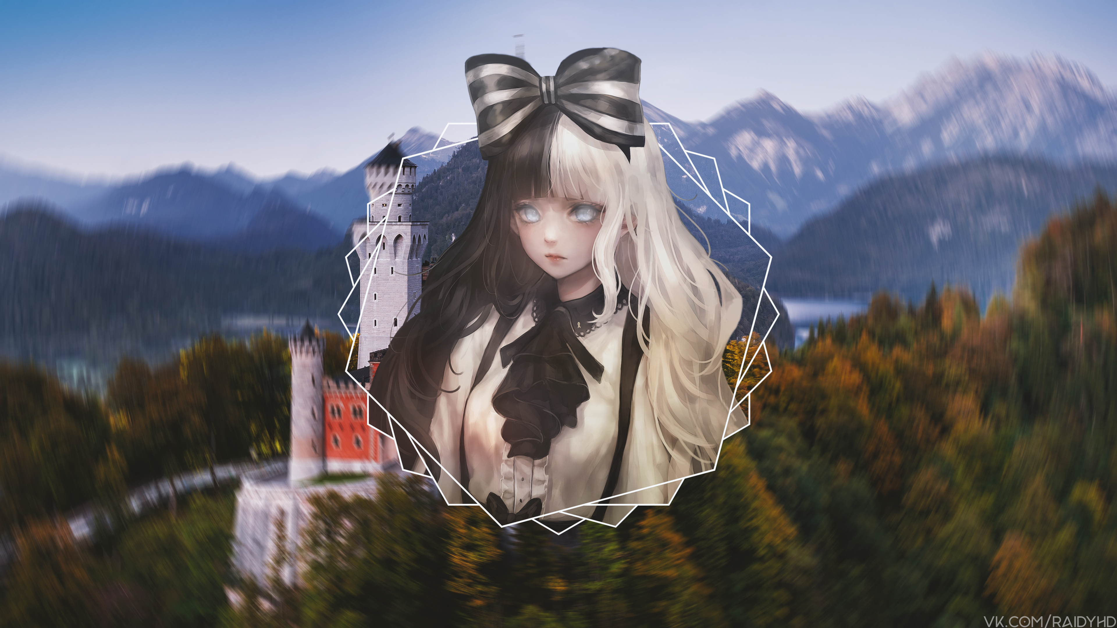 Anime girl with split hair in front of castle and mountains HD Wallpaper