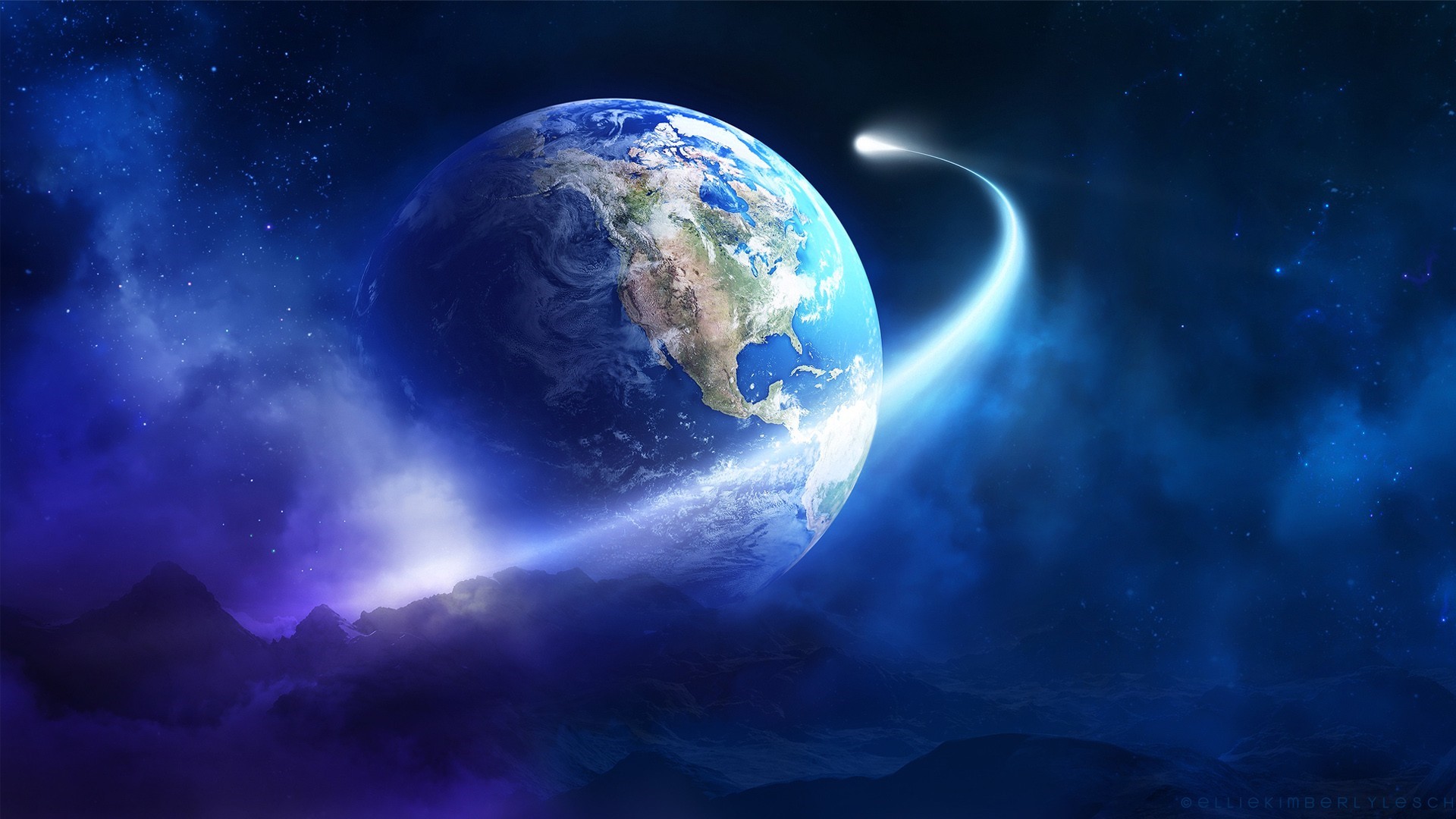 Earth in space with a meteor shower HD Wallpaper