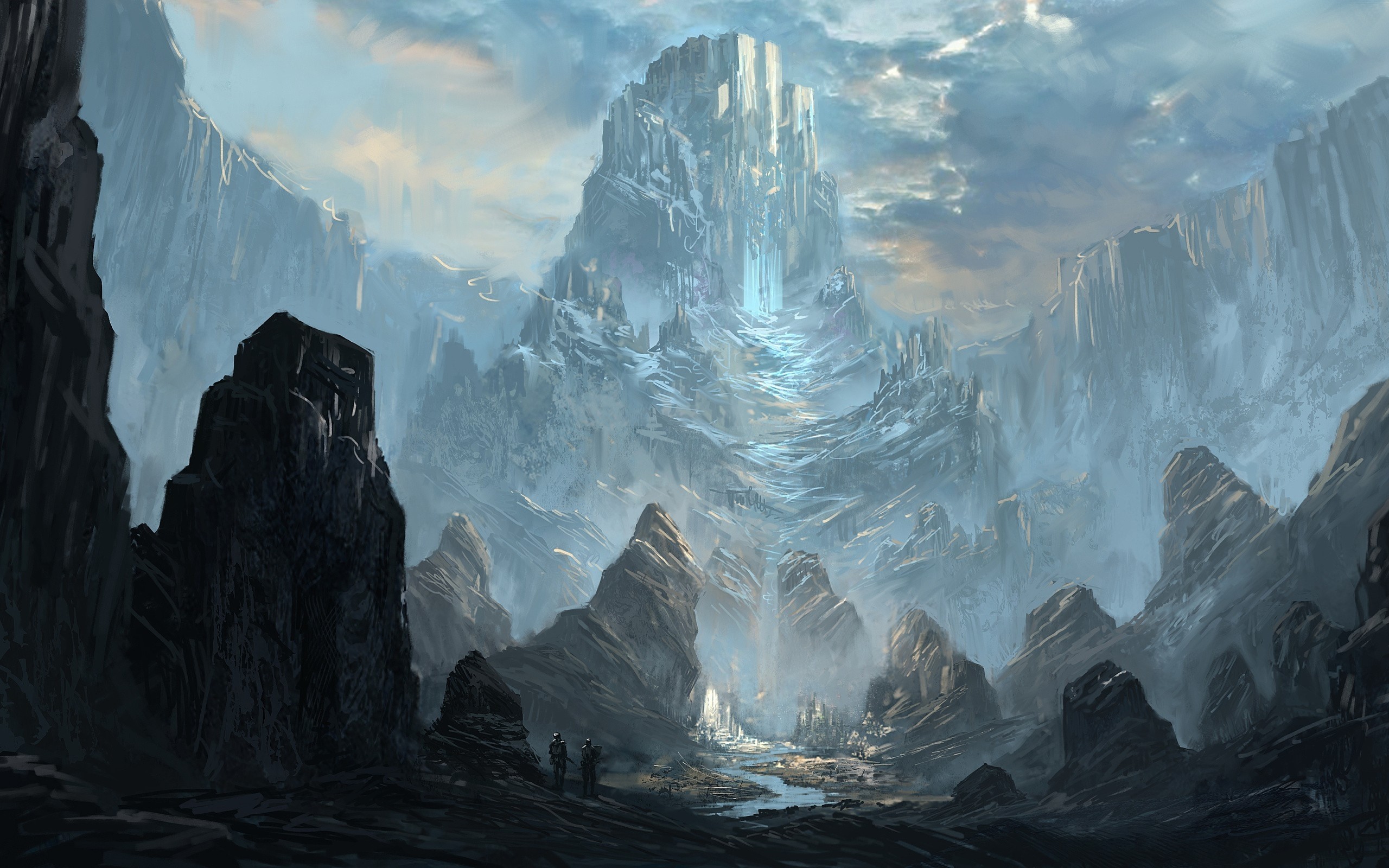 Fantasy artwork of a majestic icy mountain castle HD Wallpaper