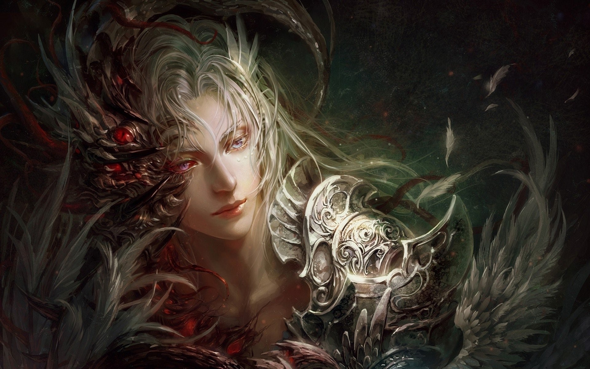 Fantasy woman with dragon-like mask and armor HD Wallpaper