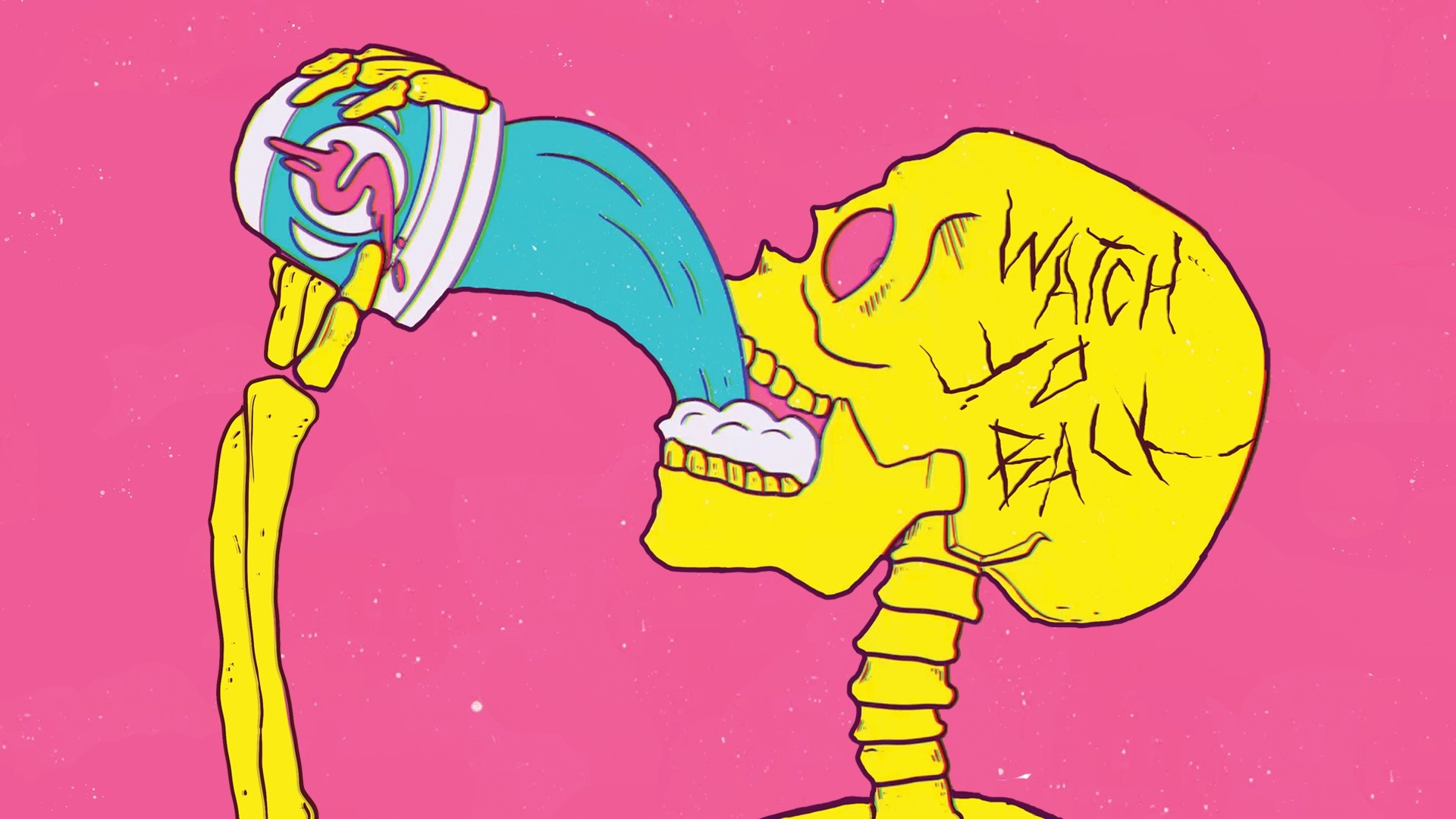 Skeleton drinking from a cup with "WATCH TO BACK" written on skull HD Wallpaper