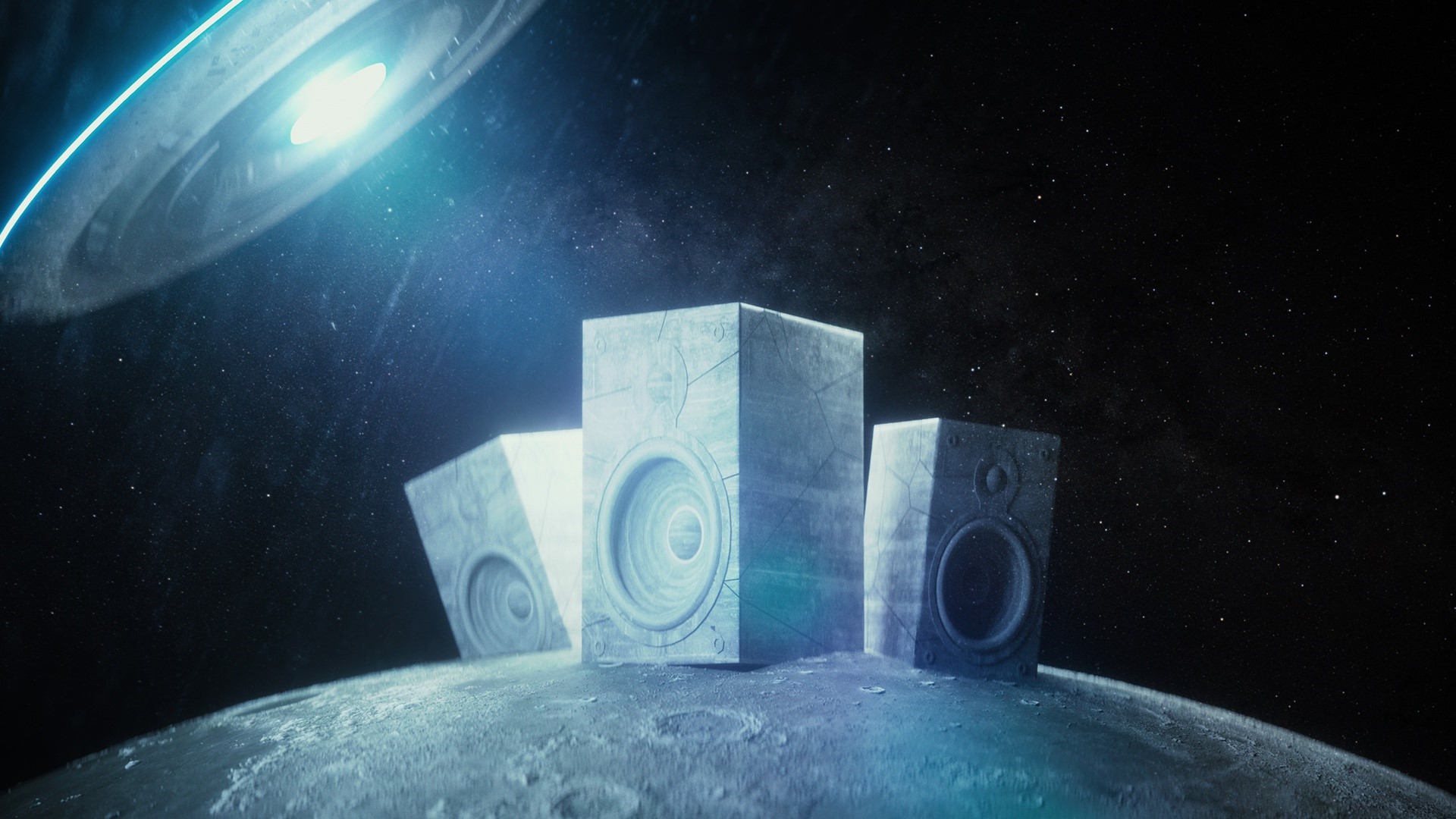 Speakers on a moon with a UFO in space HD Wallpaper