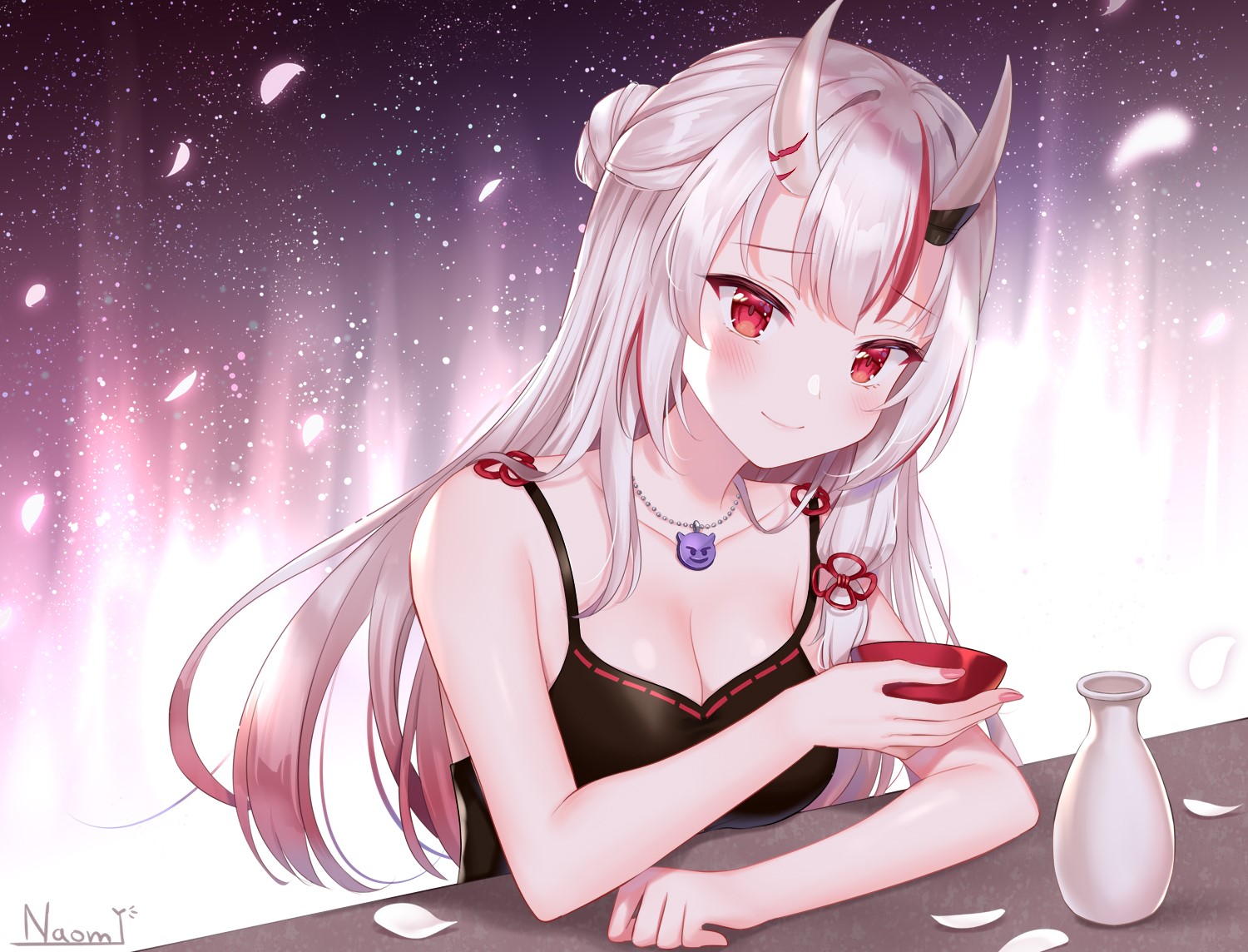 Anime girl with horns holding a sake cup HD Wallpaper