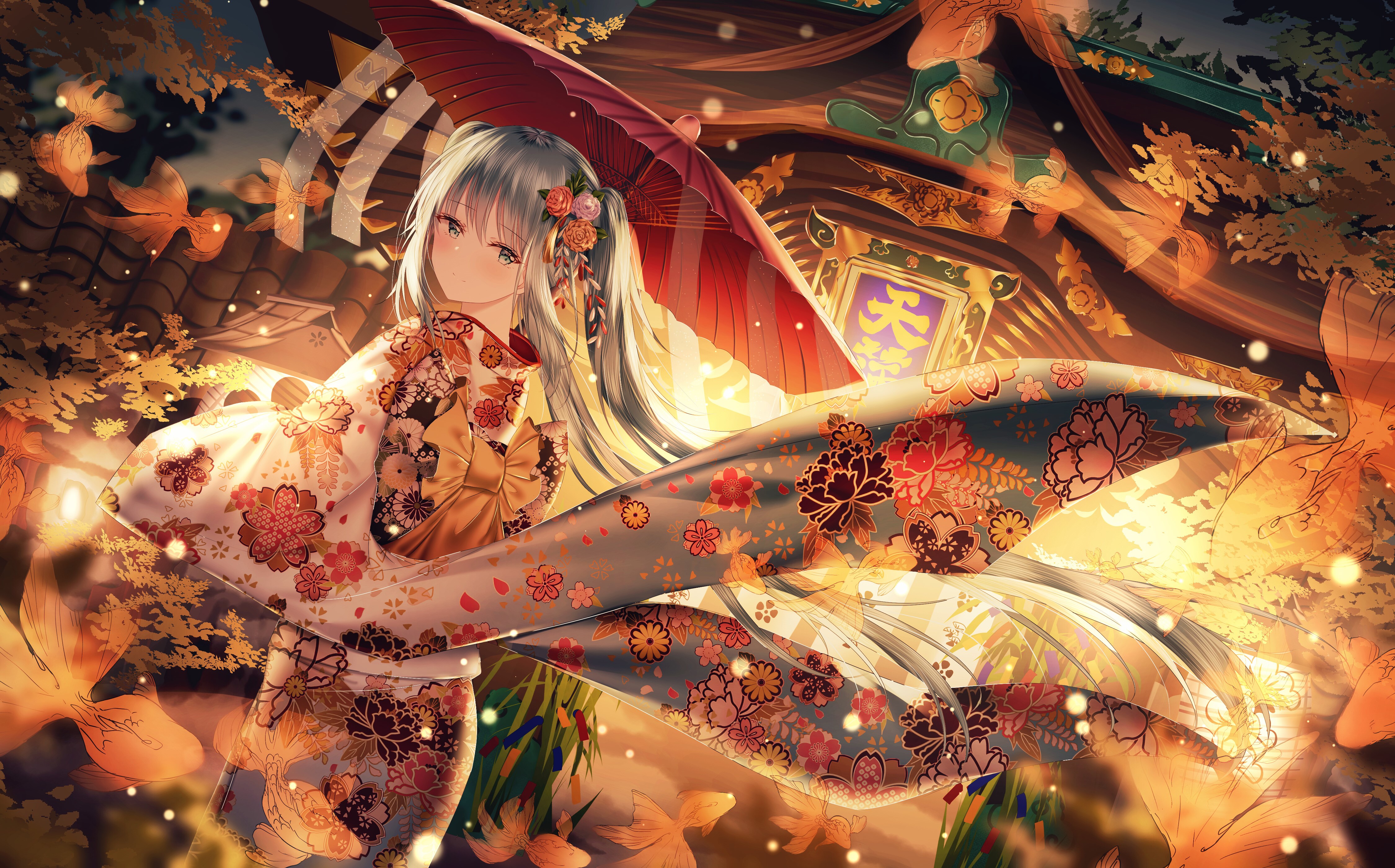 Anime girl in kimono with umbrella and goldfish HD Wallpaper