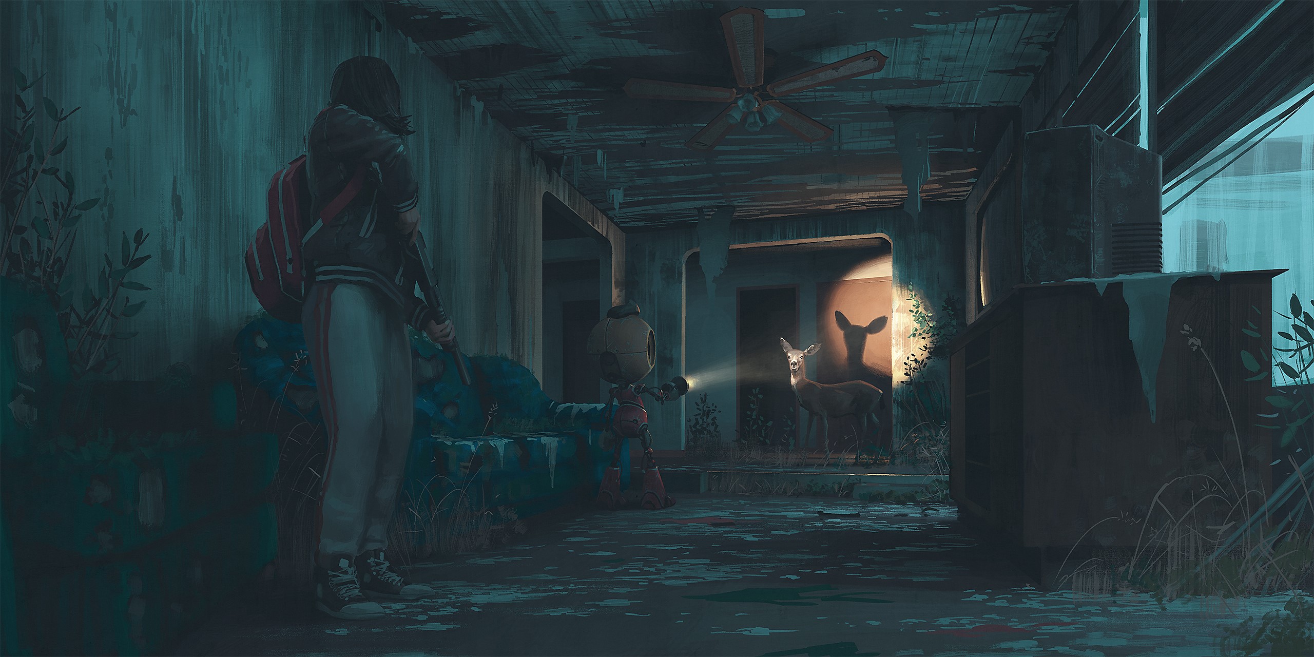 Girl with rifle and robot in abandoned building with deer HD Wallpaper