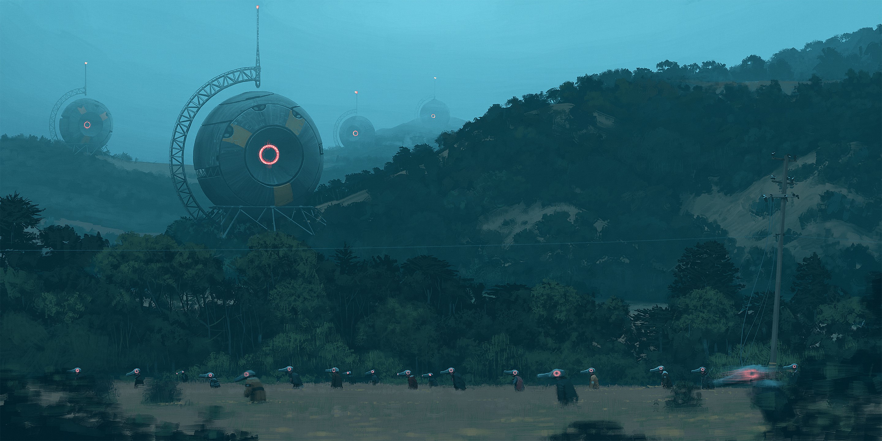 Science fiction landscape with futuristic spheres and figures HD Wallpaper