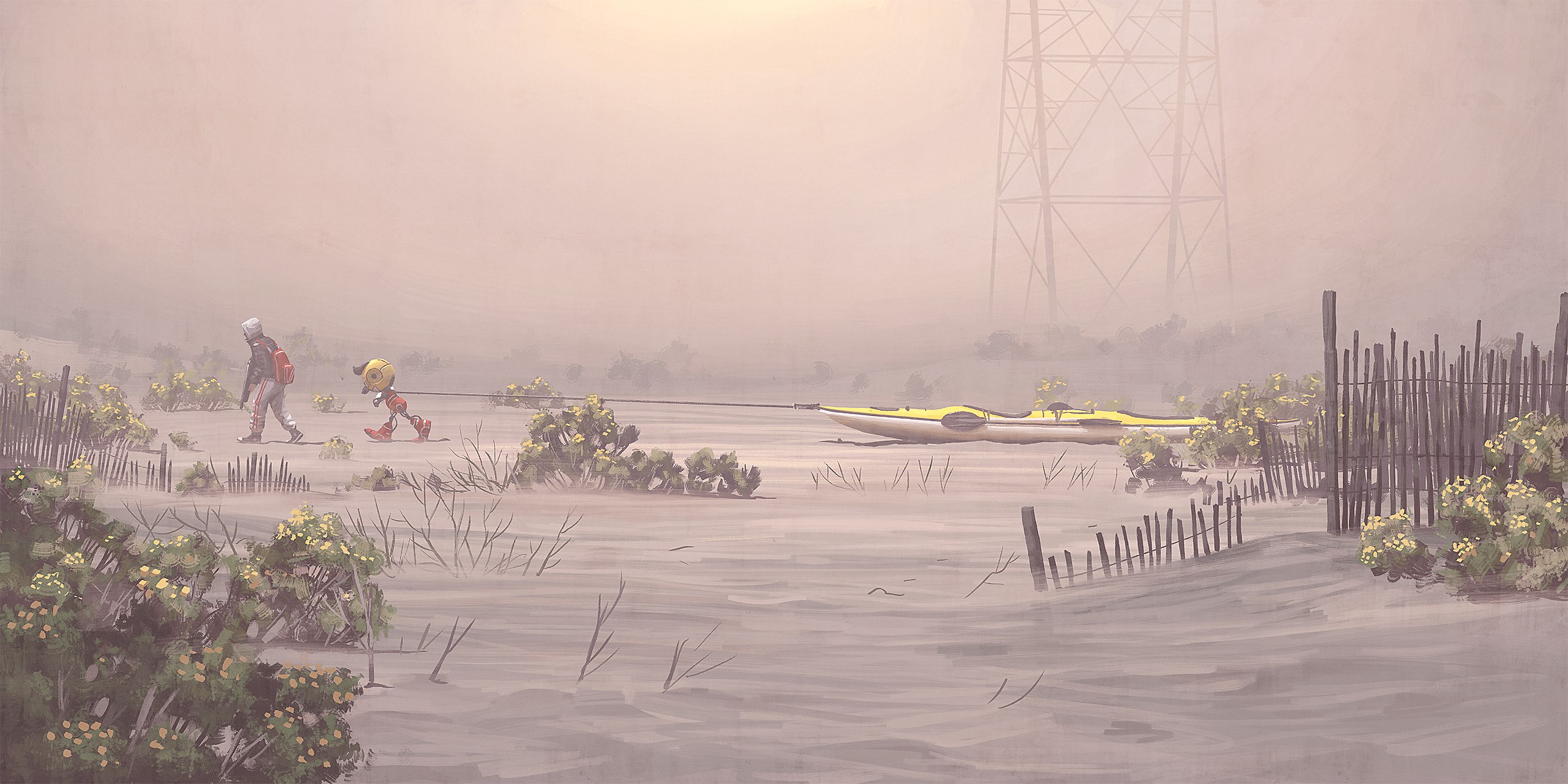 Tales From The Loop: A person and robot pull a kayak HD Wallpaper
