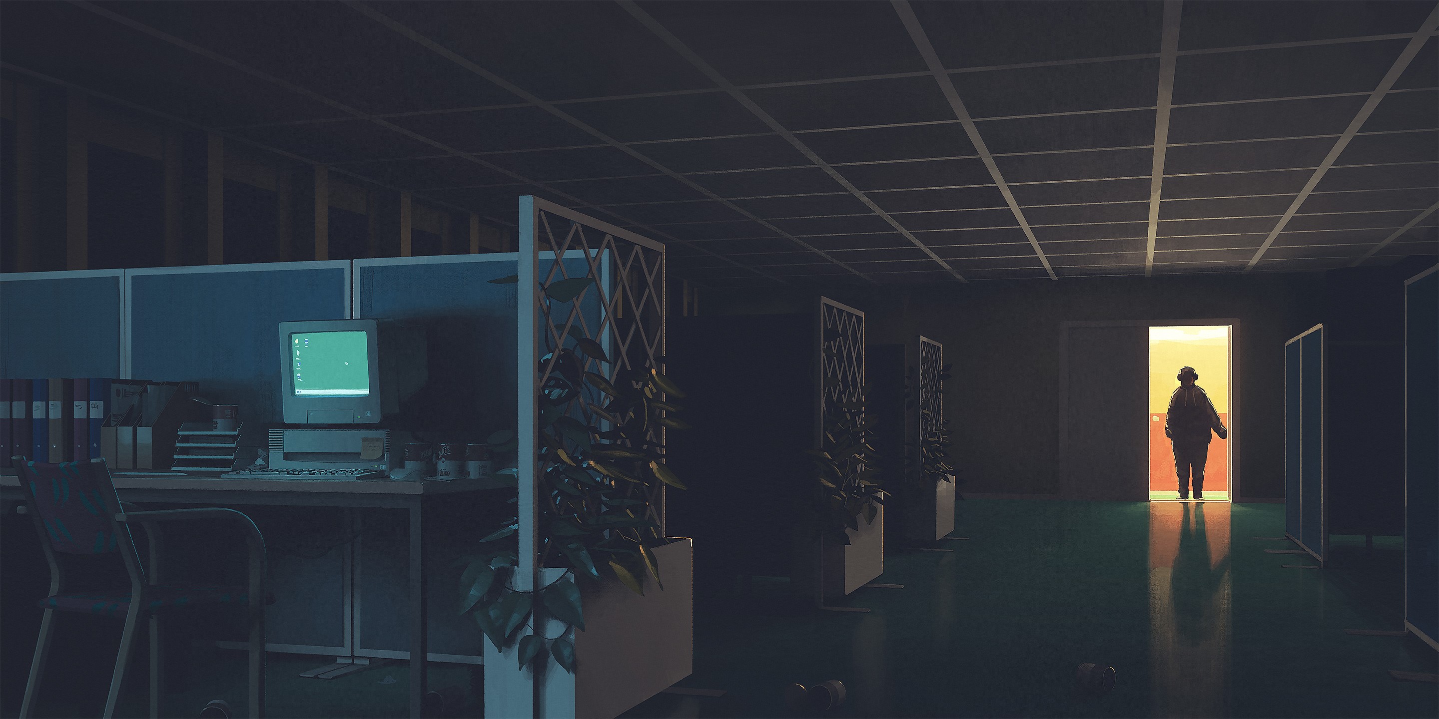 Person walking through a doorway in a dark office HD Wallpaper