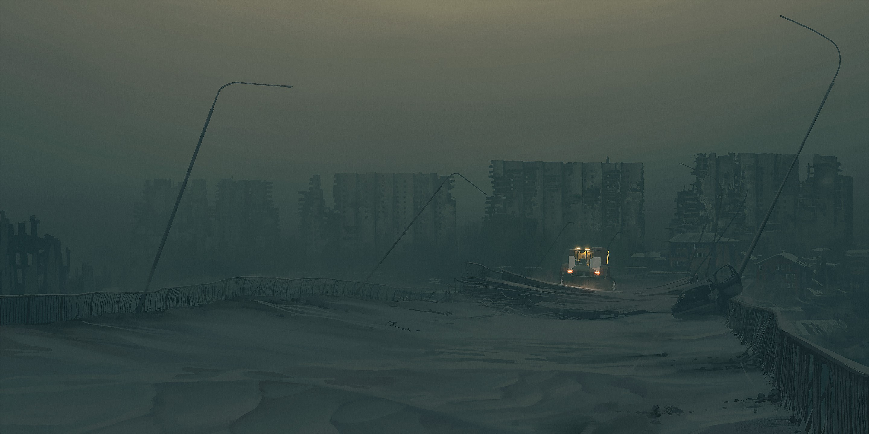 Simon Stålenhag artwork of a bulldozer in a ruined city HD Wallpaper