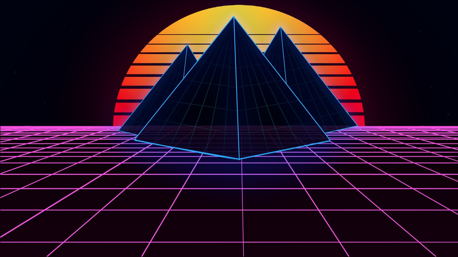 Retrowave grid with pyramids and sunset HD Wallpaper