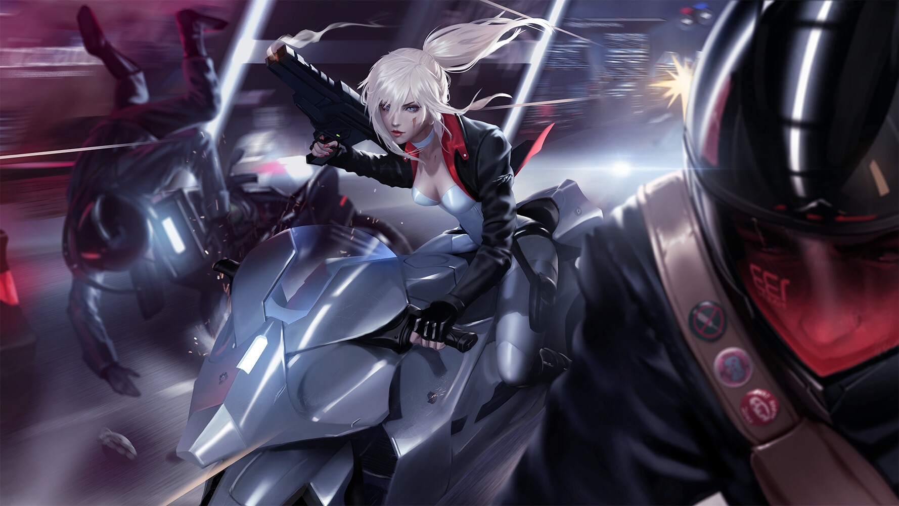 Tess from Raikoart on a motorcycle with a gun HD Wallpaper