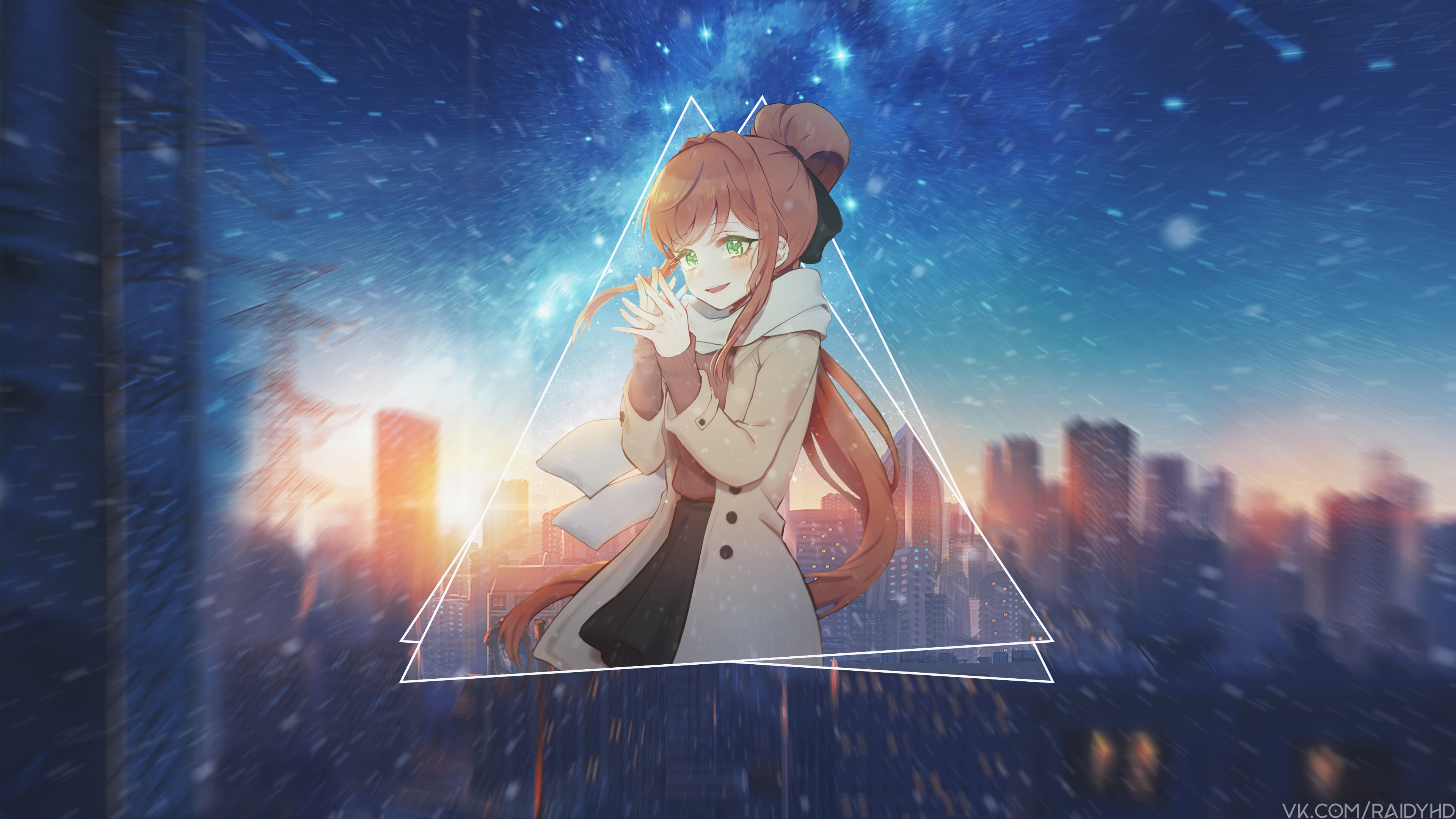 Monika from Doki Doki Literature Club in a snowy city HD Wallpaper