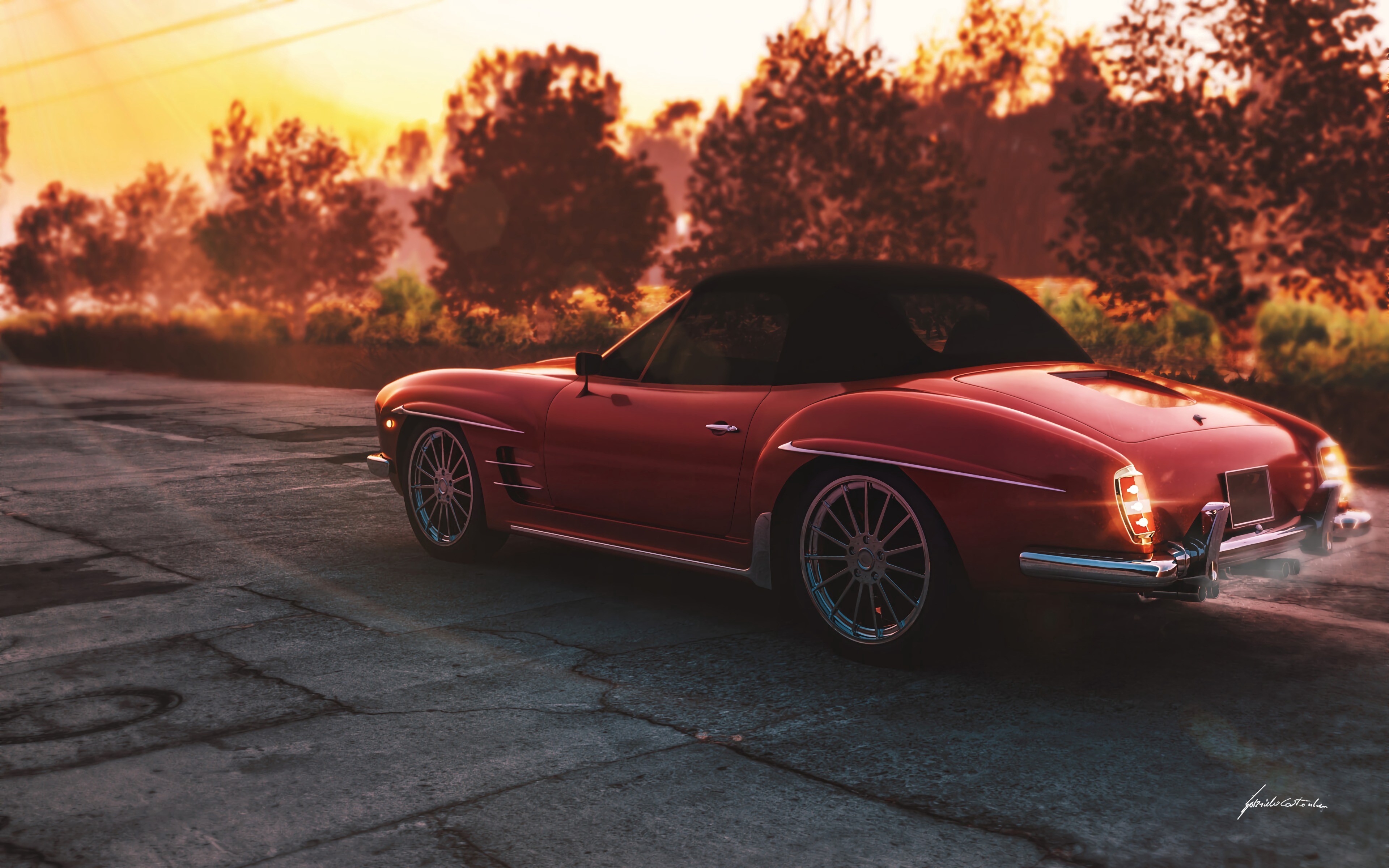 Red convertible retro car on road at sunrise HD Wallpaper