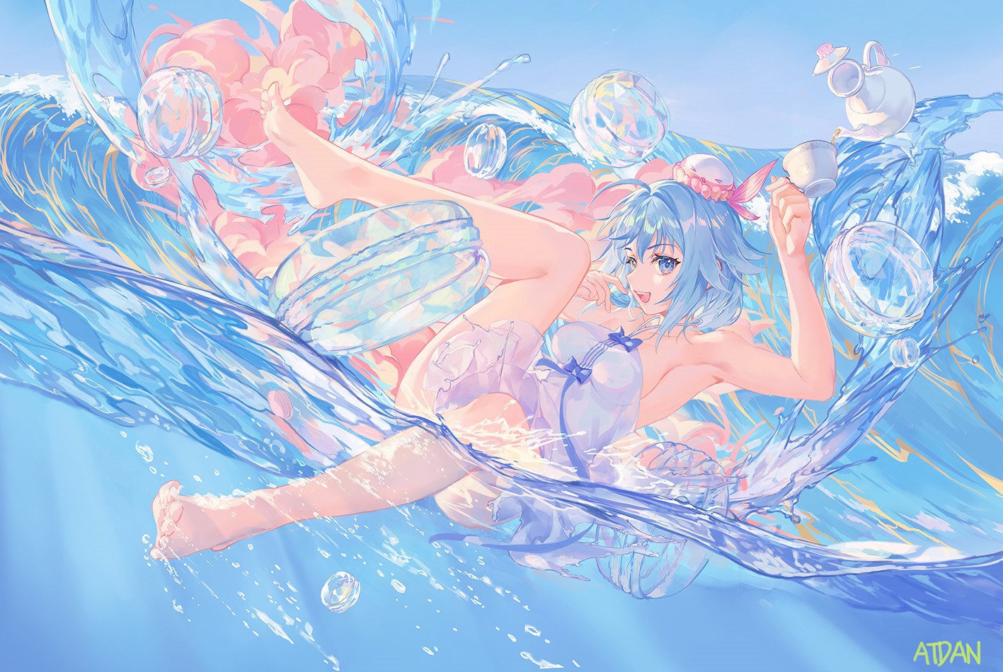 Anime girl in swimsuit playing in water with bubbles HD Wallpaper