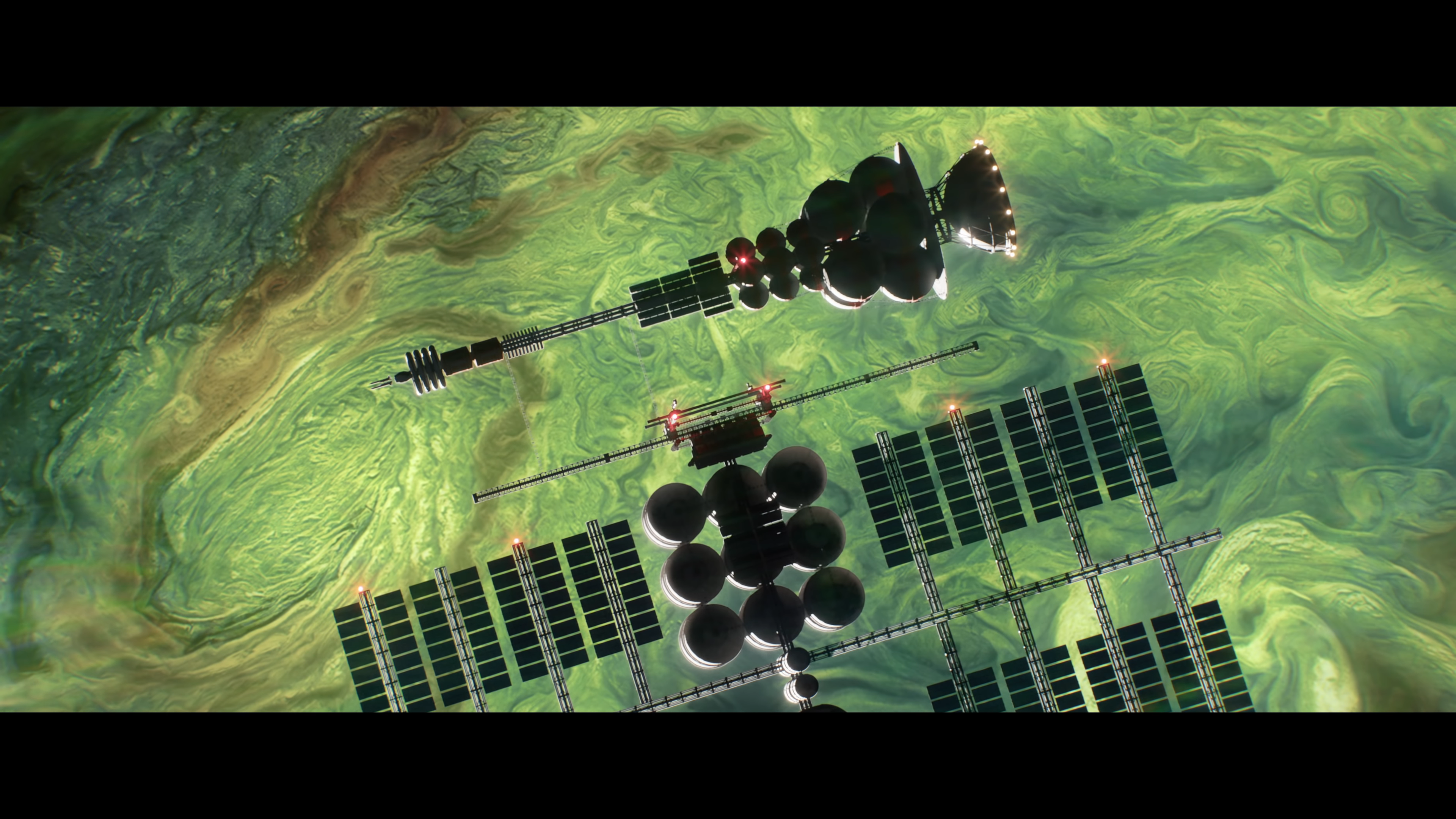 Spaceships orbiting a gas giant in Kerbal Space Program 2 HD Wallpaper