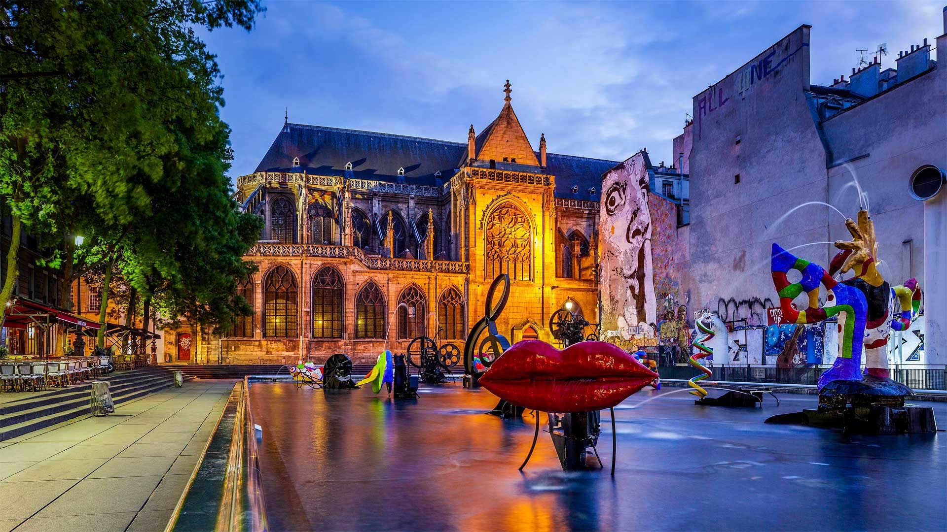 Fountain with sculptures in front of Saint-Eustache church, Paris HD Wallpaper