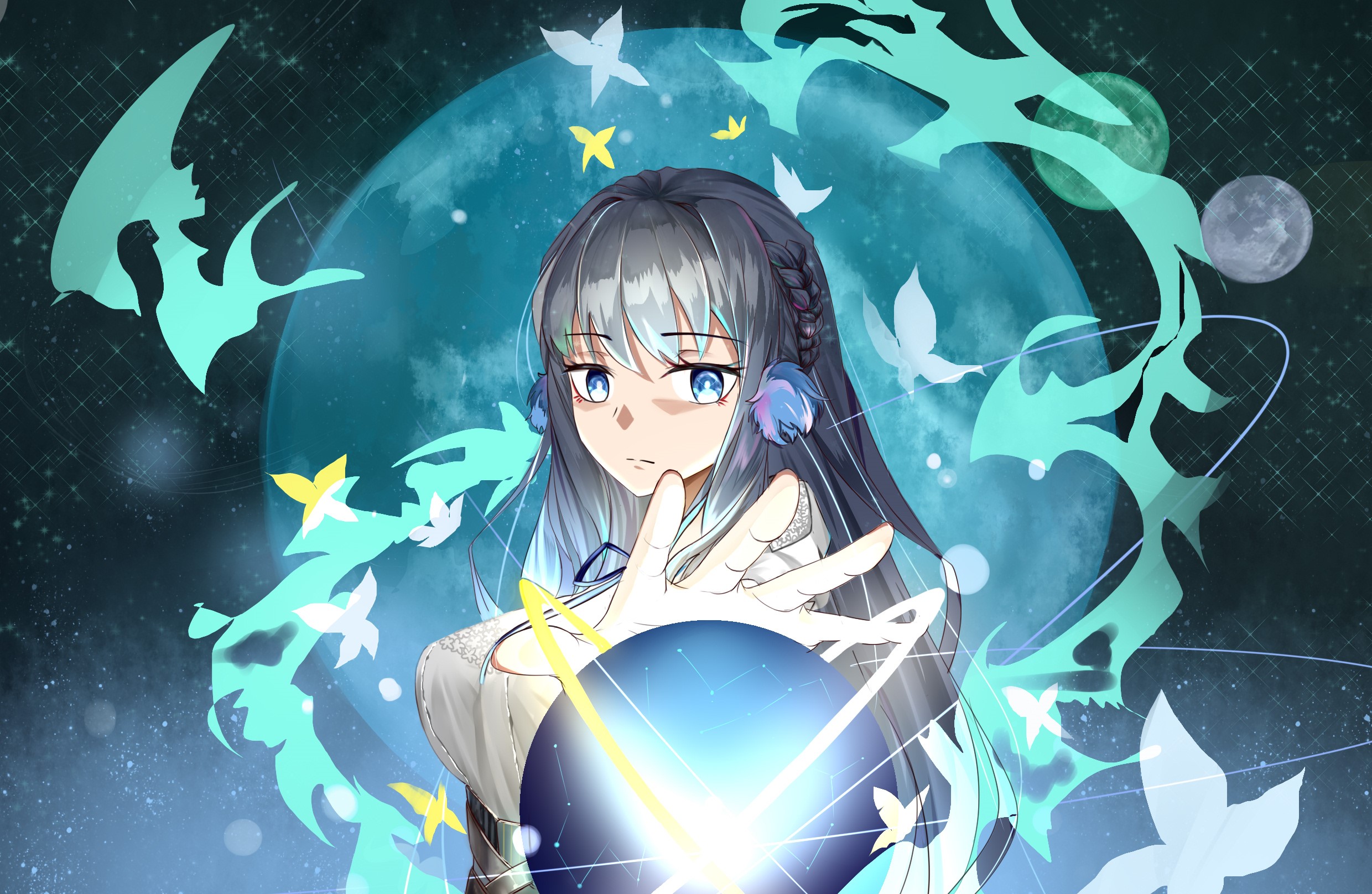 Anime girl with blue eyes holding a glowing orb HD Wallpaper