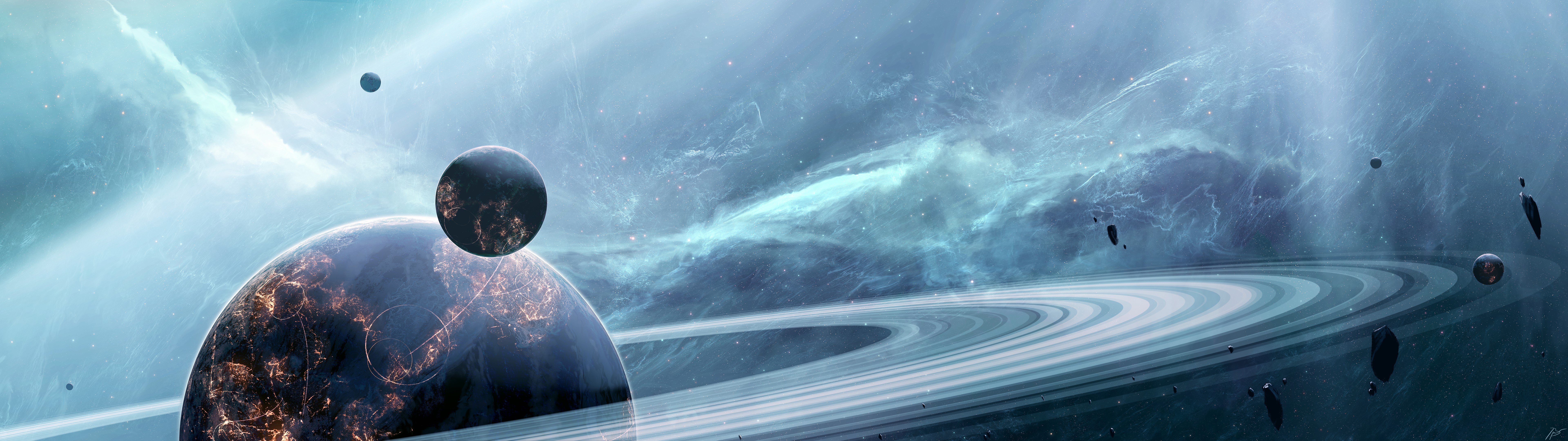 4K Space Art: Planet with Rings and Nebula HD Wallpaper