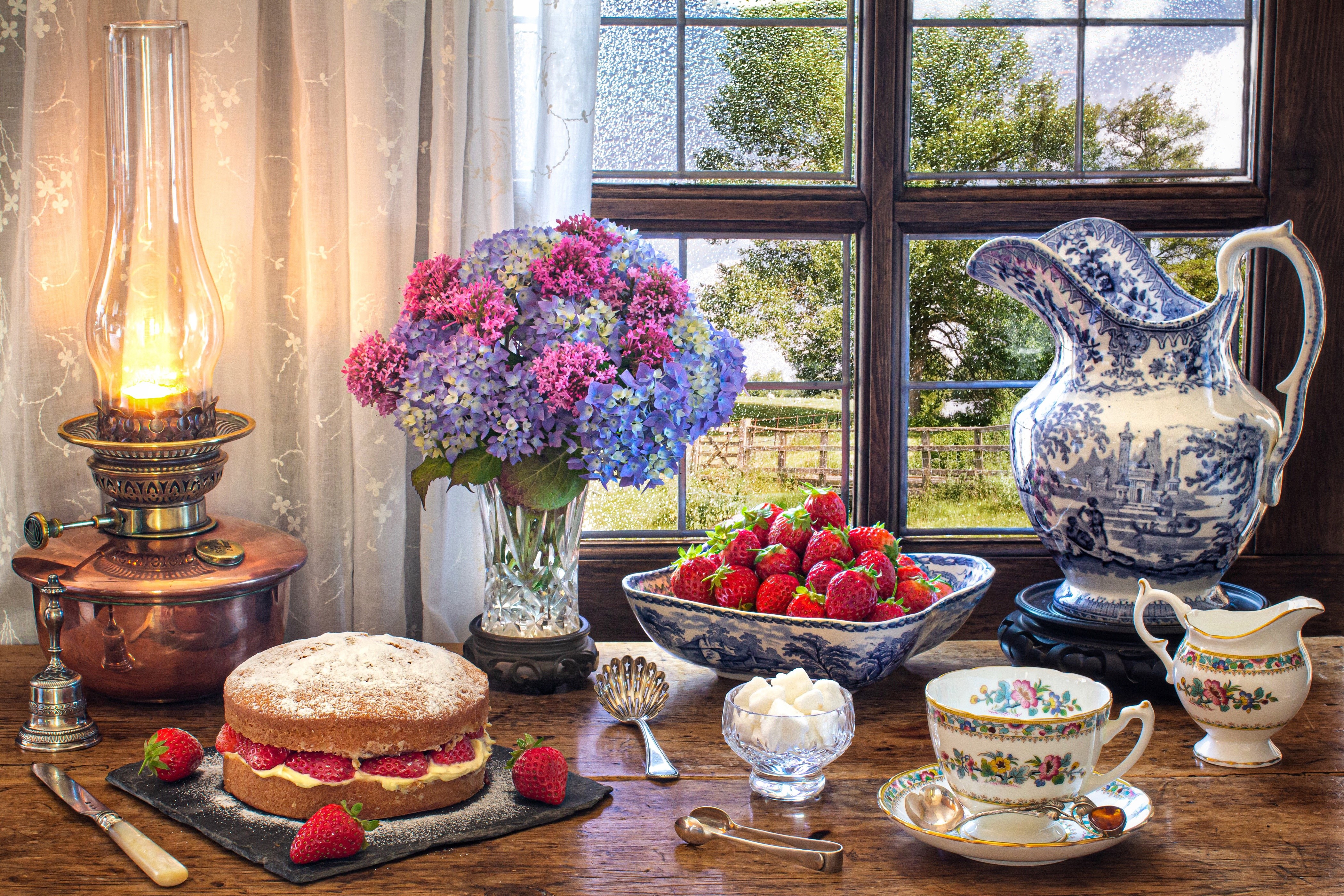 Still life with cake, strawberries, and flowers HD Wallpaper