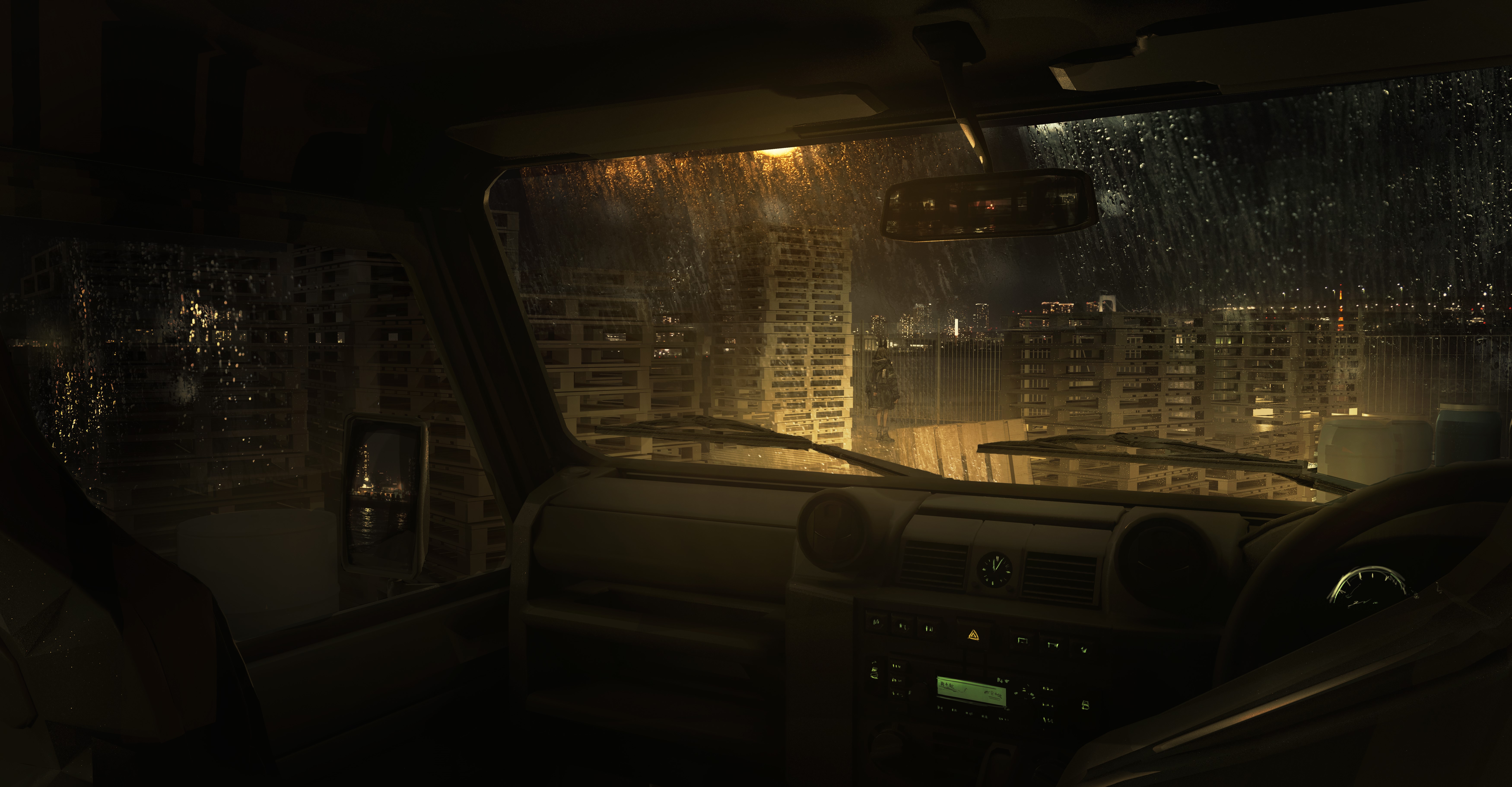 Car interior looking out at city lights in the rain HD Wallpaper