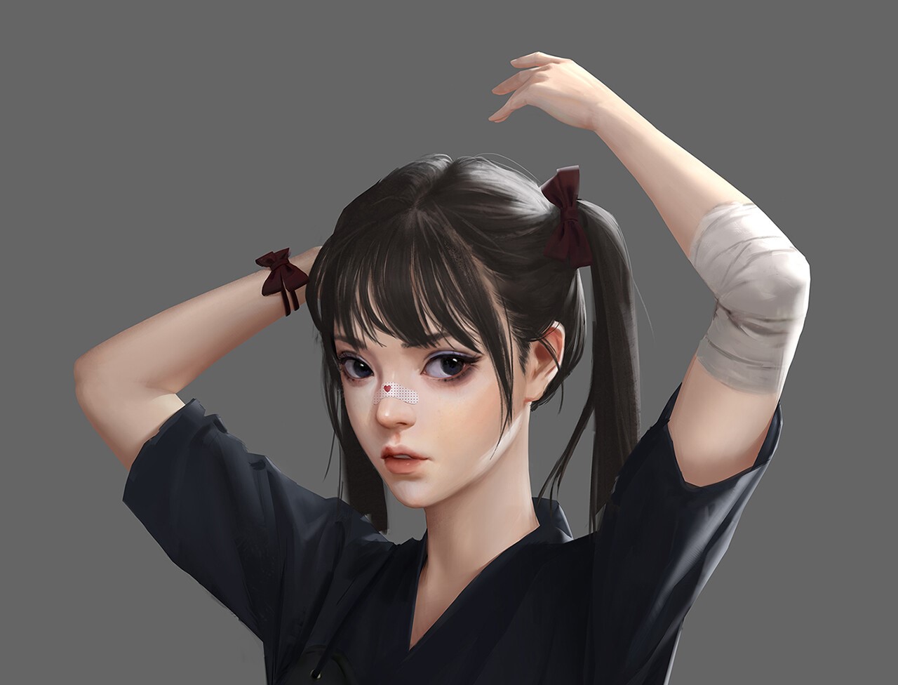 Artwork of a girl with dark hair and bandages HD Wallpaper