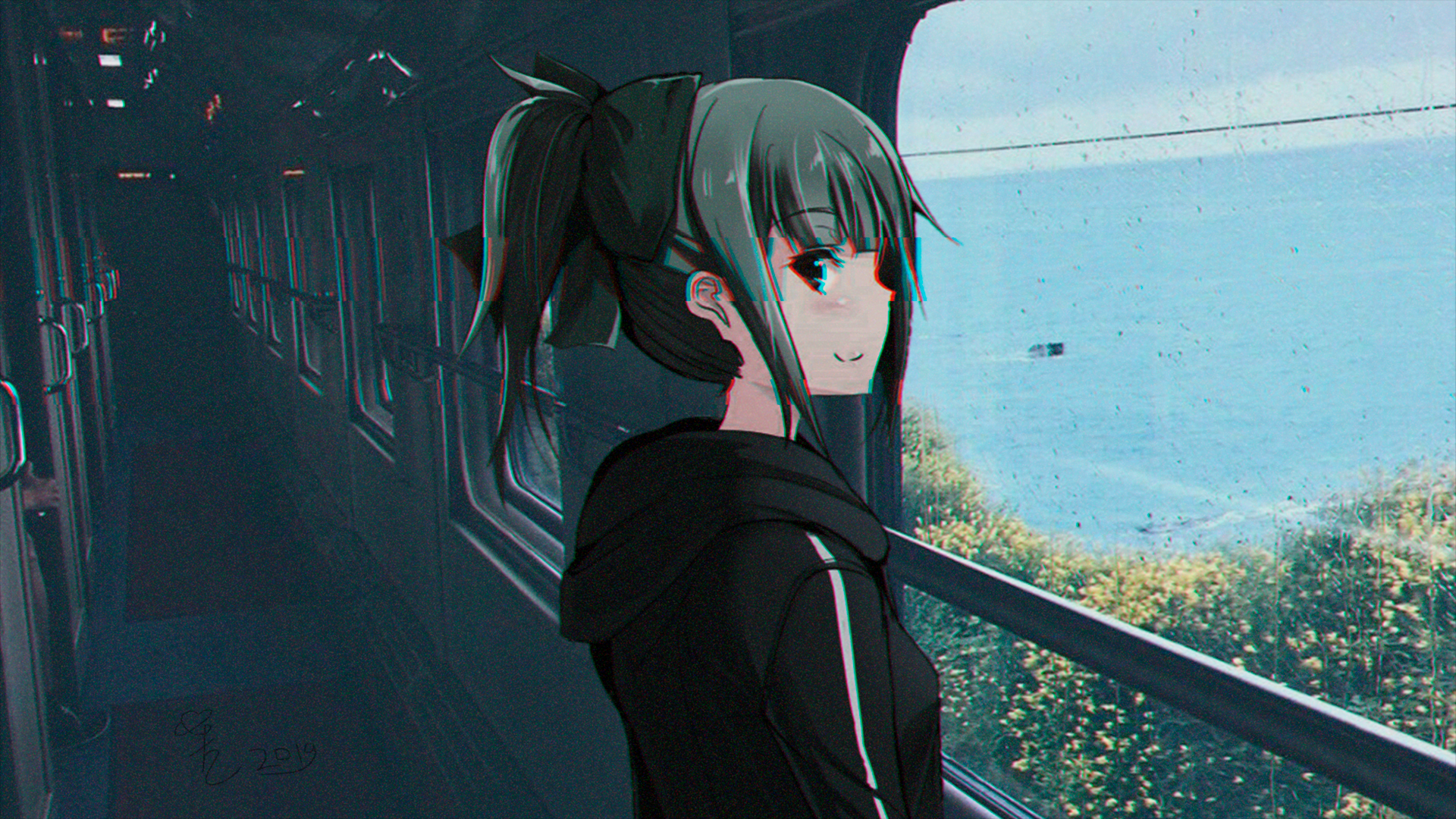Anime girl on a train looking out at the sea with glitch art effect HD Wallpaper